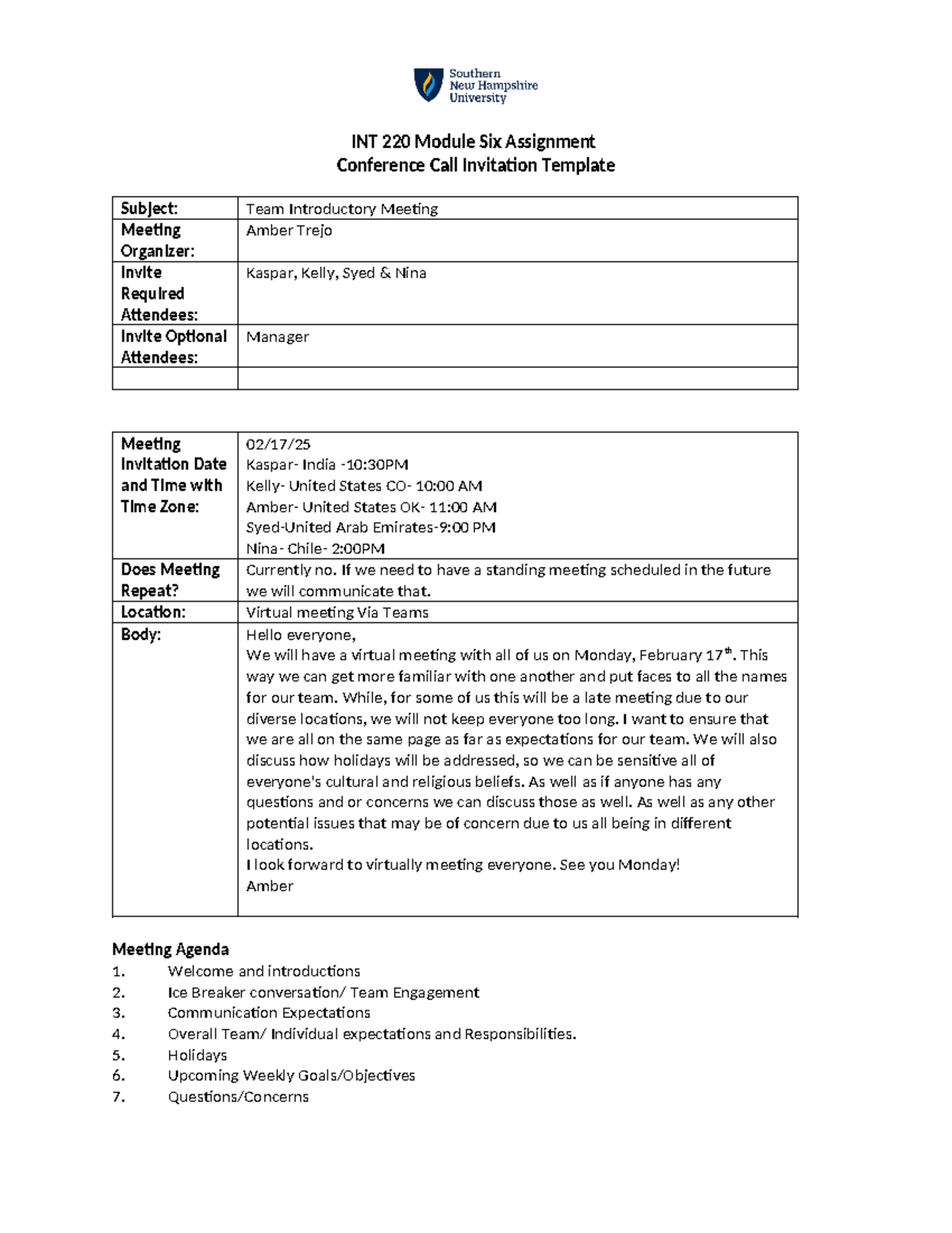 INT 220 Conference Call Invitation - INT 220 Module Six Assignment ...