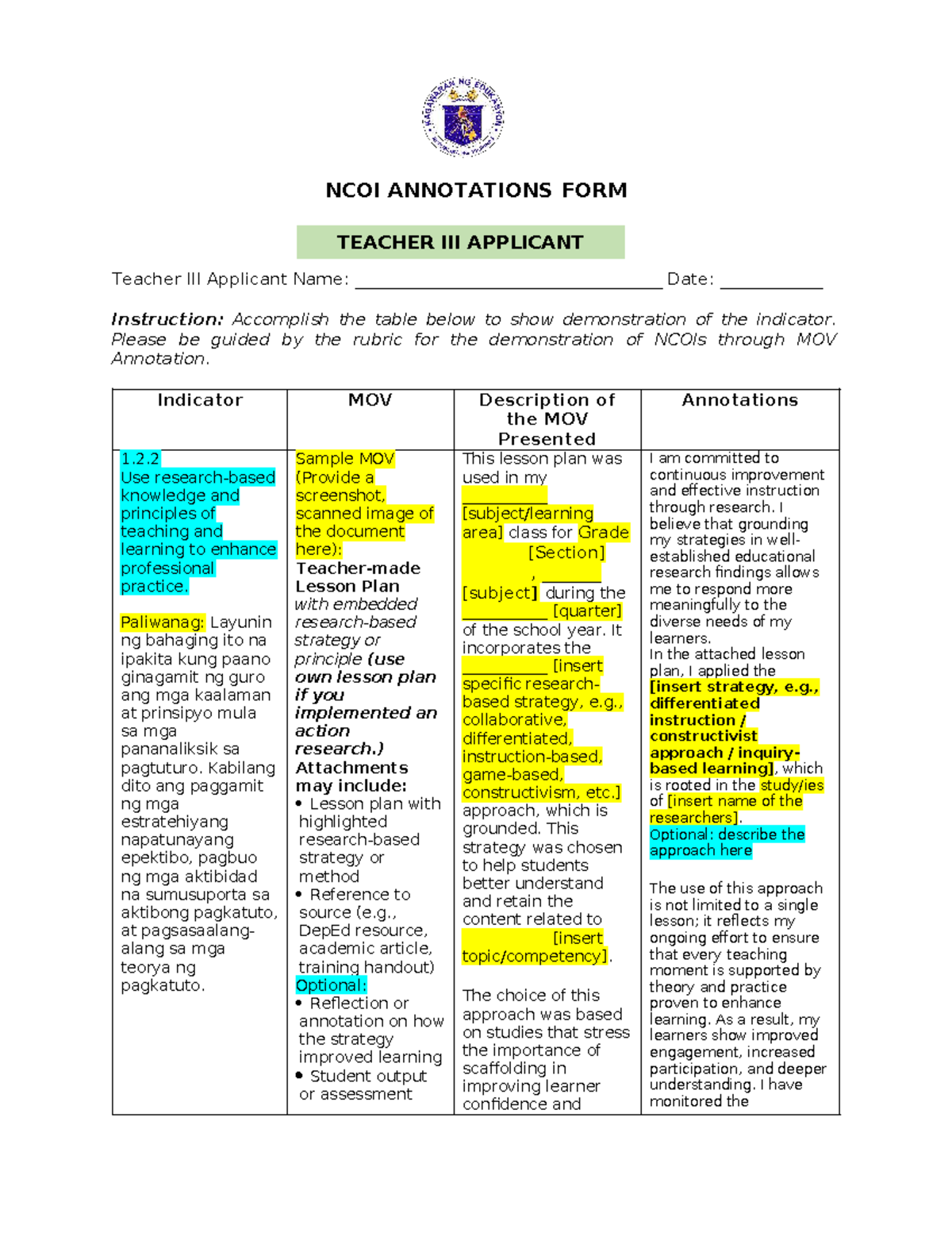 NCOI MOV Annotations for Teacher Applicant (TIII) - Studocu