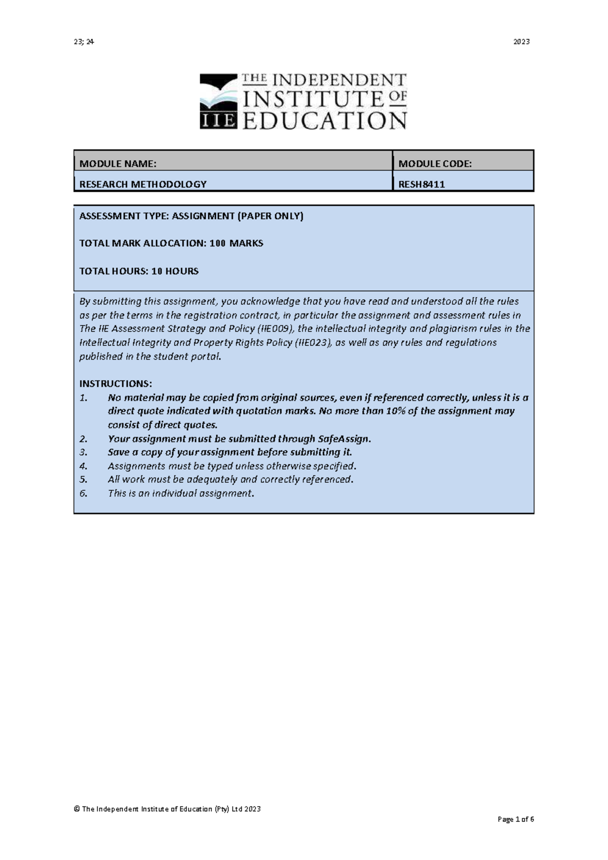 RESH8411 - Research Methodology Assignment Guidelines and Overview ...