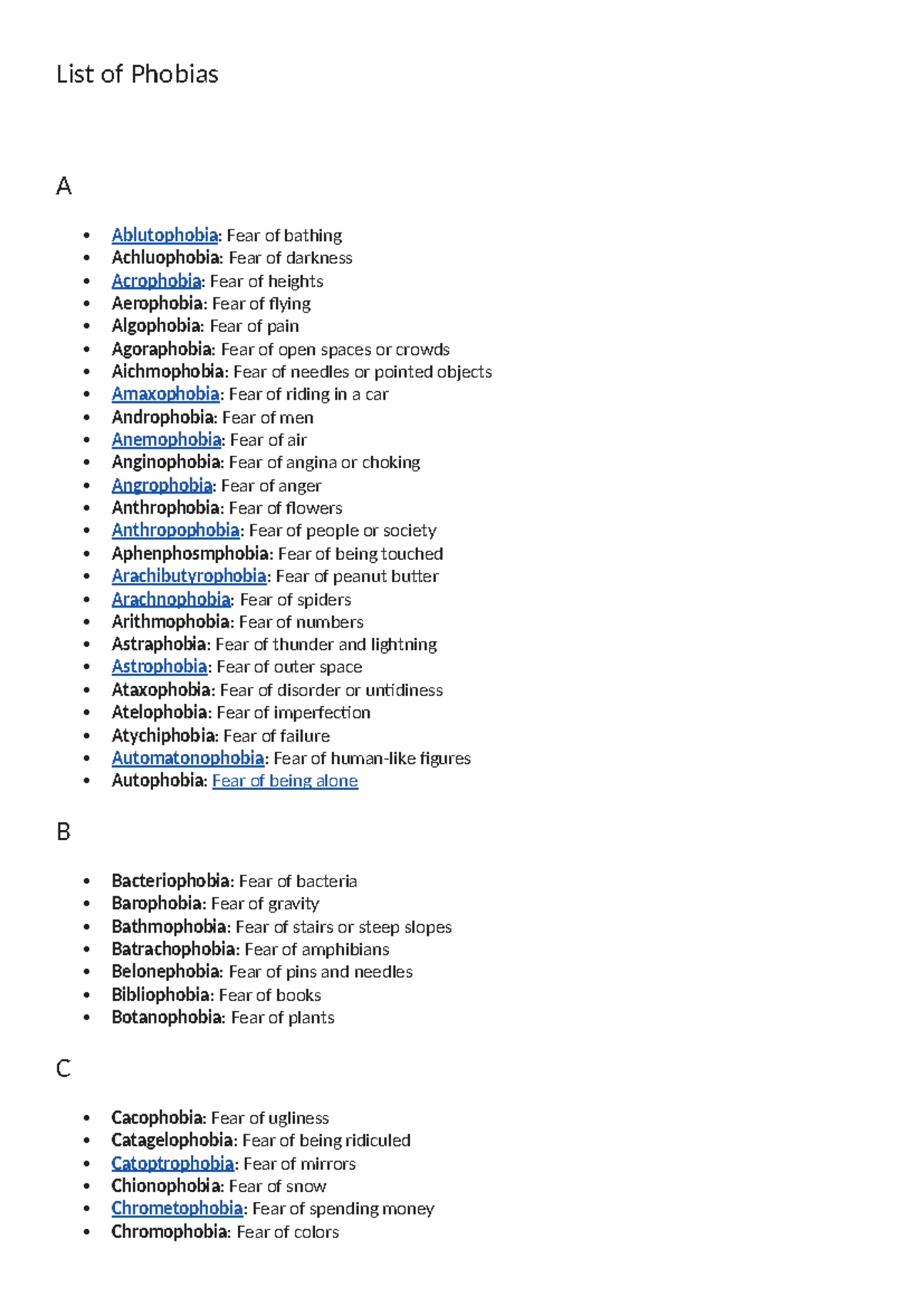 List of Phobias - Psychiatry - List of Phobias A Ablutophobia: Fear of ...