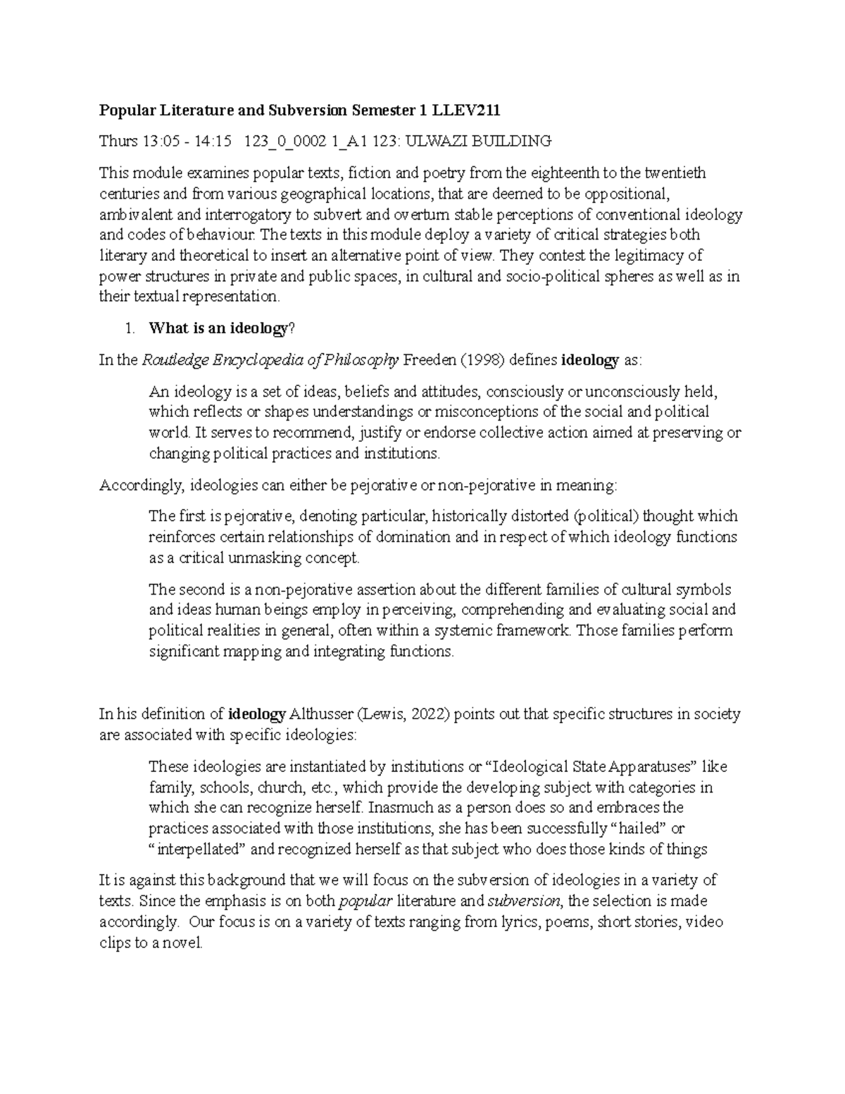 LLEV211 Popular Literature & Subversion Course Outline - Semester 1 ...