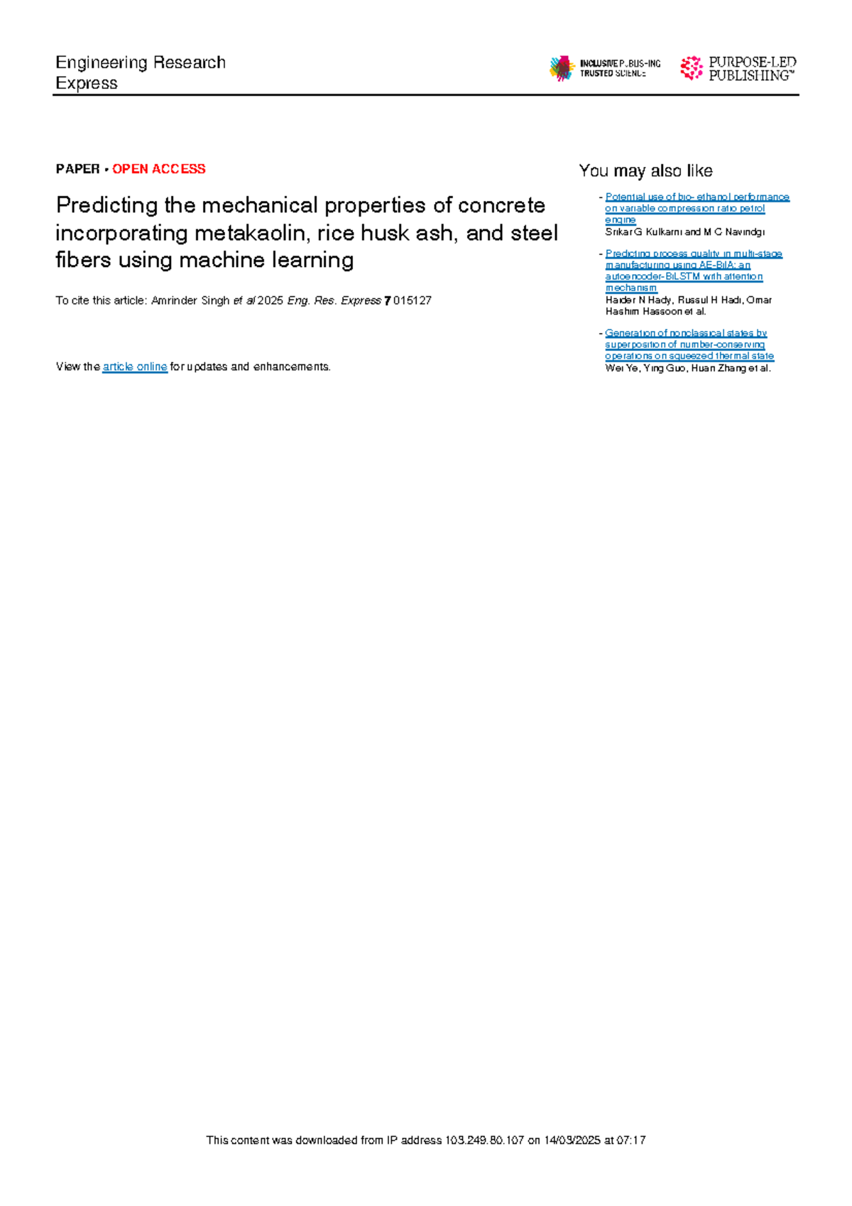 Singh 2025 Eng - IC Engine - Engineering Research Express PAPER • OPEN ...