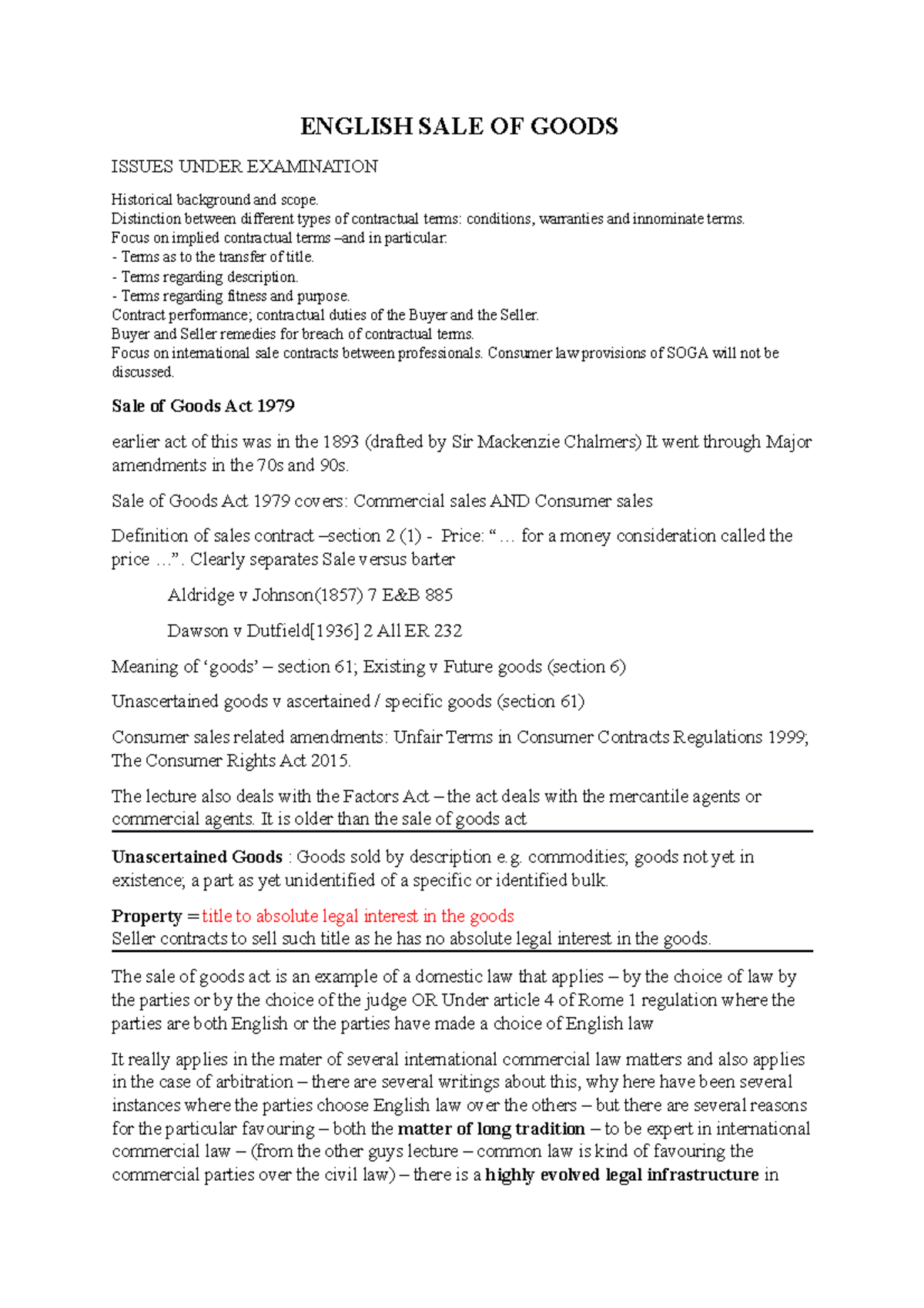 SOGA 1979 Lecture Notes: Sale of Goods Act Overview - Studocu