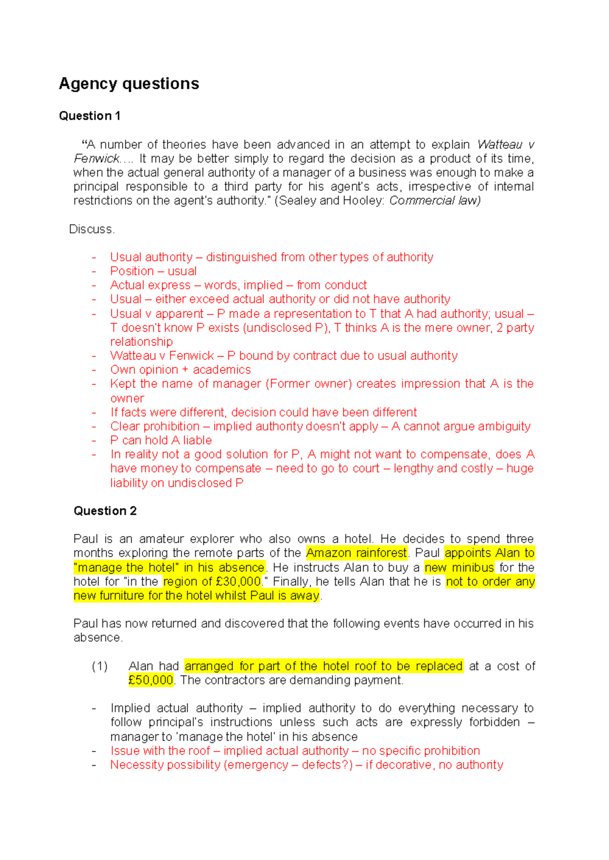 Agency Tutorial Questions: Key Legal Concepts and Case Analysis - Studocu