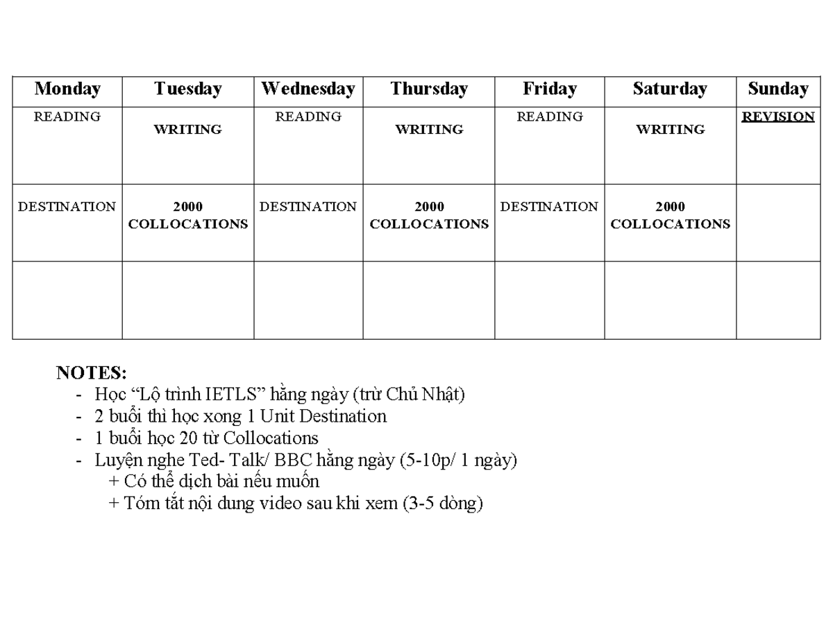 Timetable Ielts - a note taking summarizes how to learn in a week ...