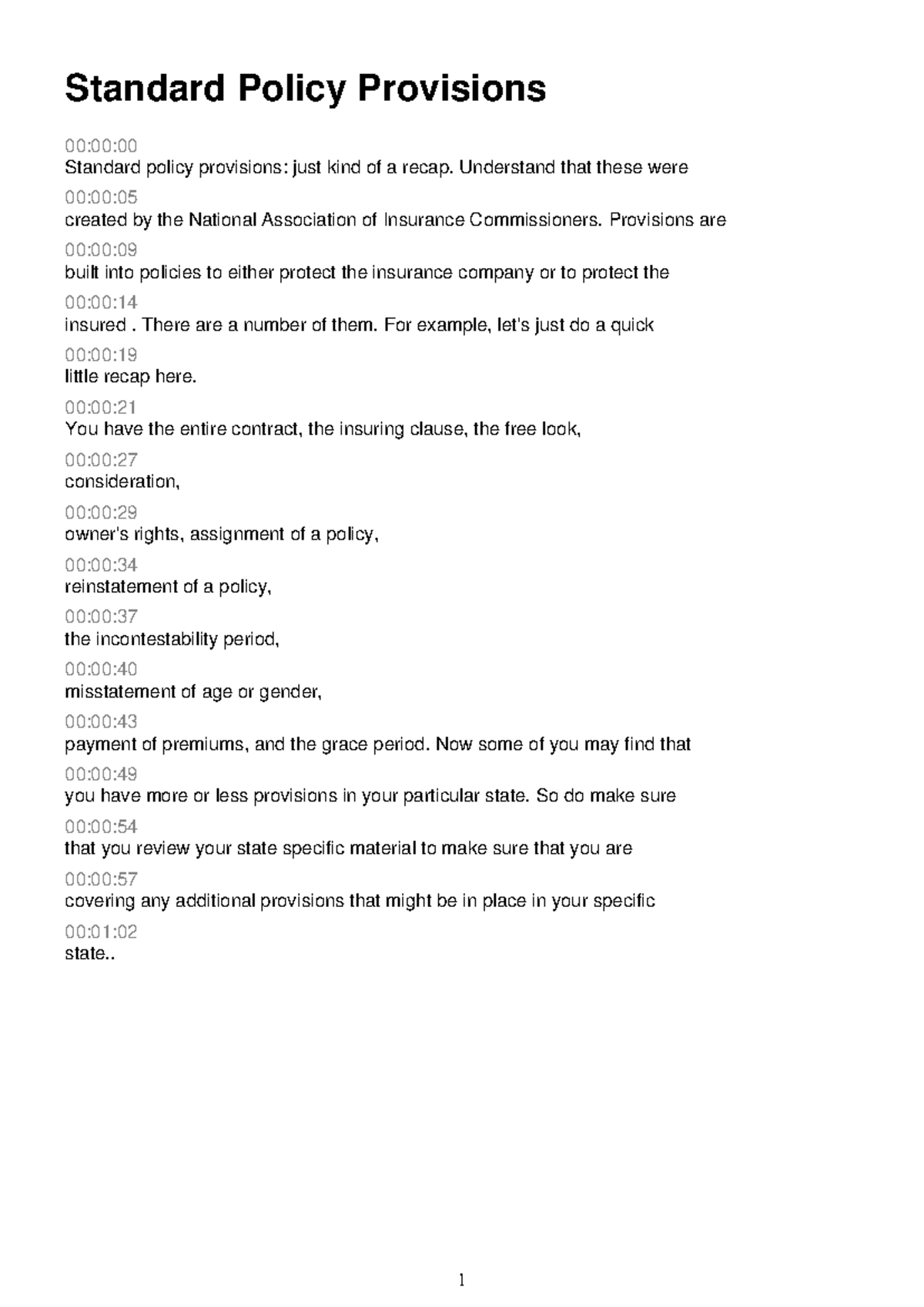 Standard Policy Provisions Overview for Insurance (Course Code Required ...