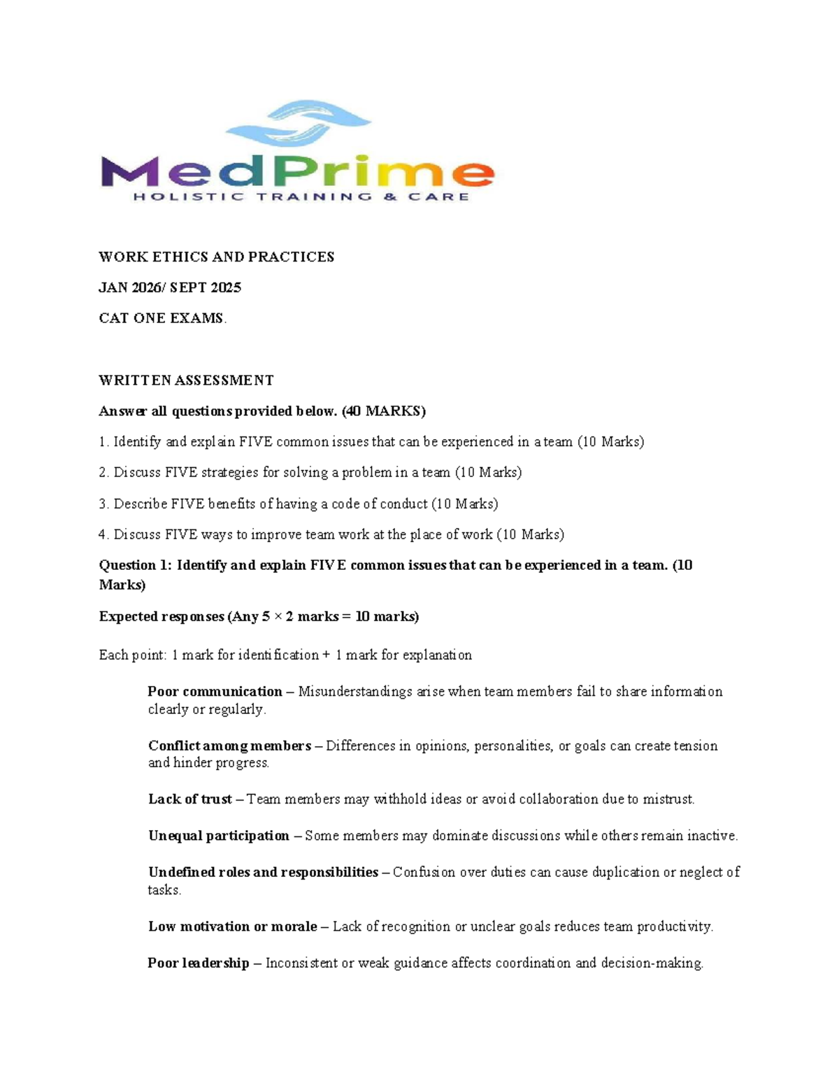 WORK ETHICS AND PRACTICES JAN-SEPT 2025 CAT ONE EXAM NOTES - Studocu