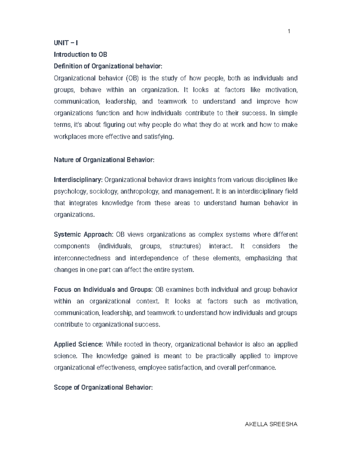 OB 101 - Faculty Lecture Notes on Organizational Behavior Fundamentals ...