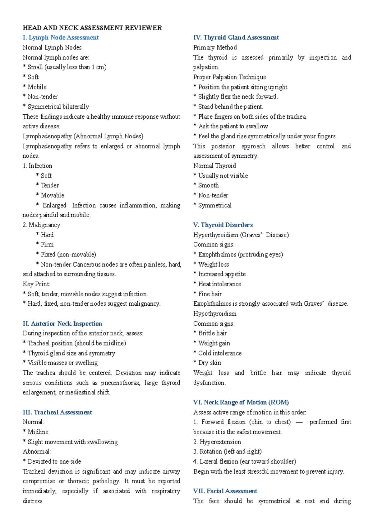 NURSING 106: Comprehensive Head and Neck Assessment Reviewer - Studocu
