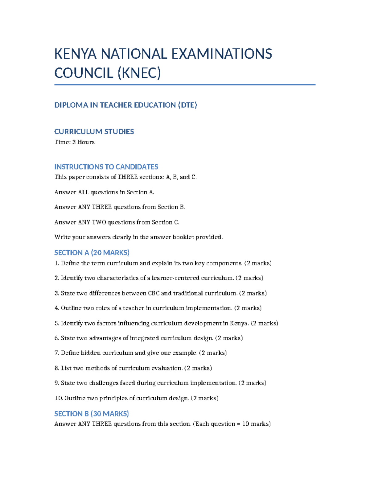 Curriculum Studies KNEC DTE Exam Paper - 3 Hours - Studocu