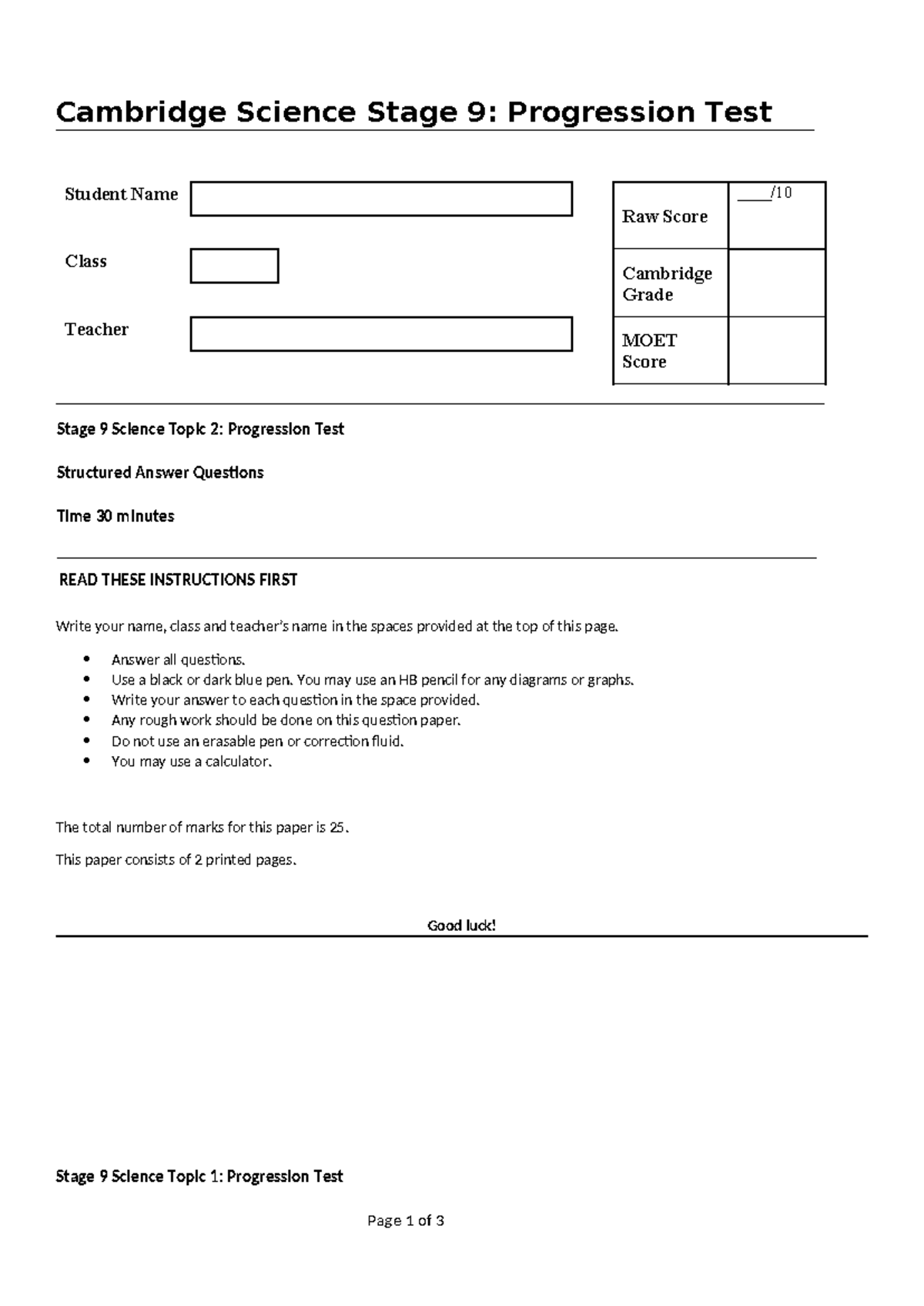 Cambridge Science Stage 9: Topic 2 Progression Test Guide - Studocu