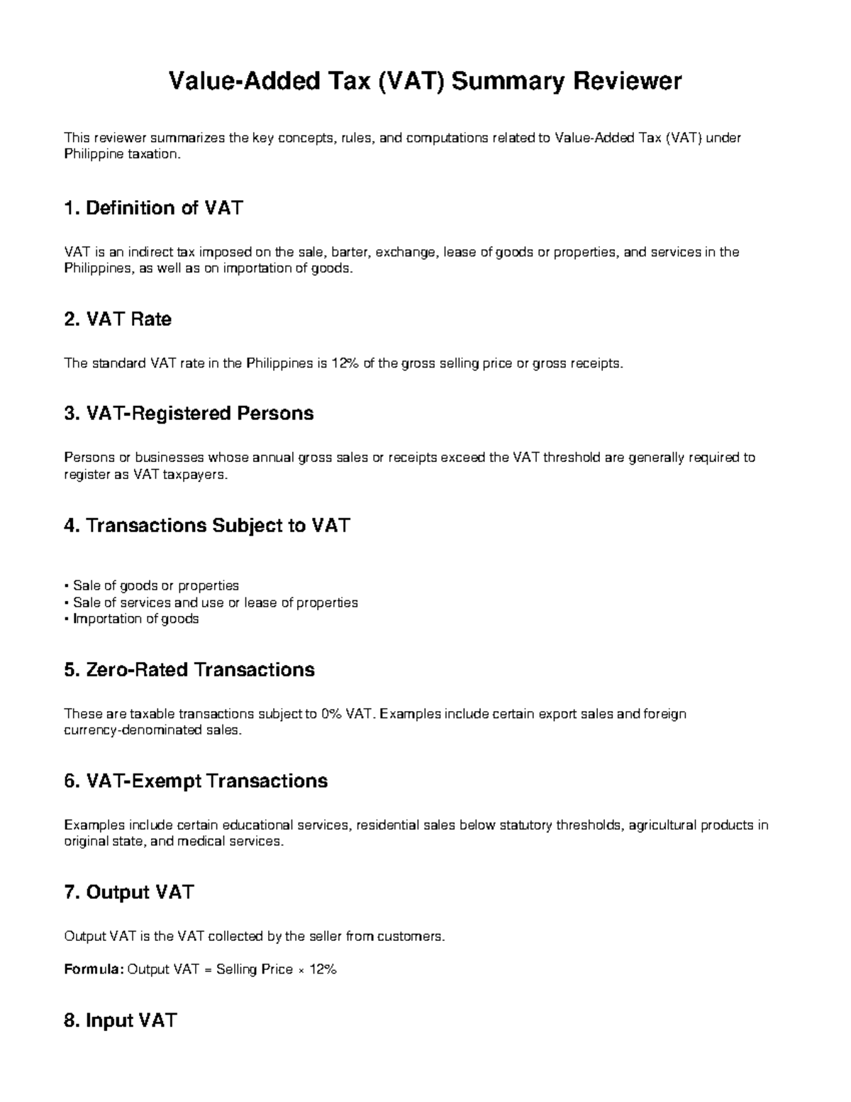 VAT (Tax) Summary Reviewer: Key Concepts & Rules in PH Taxation - Studocu