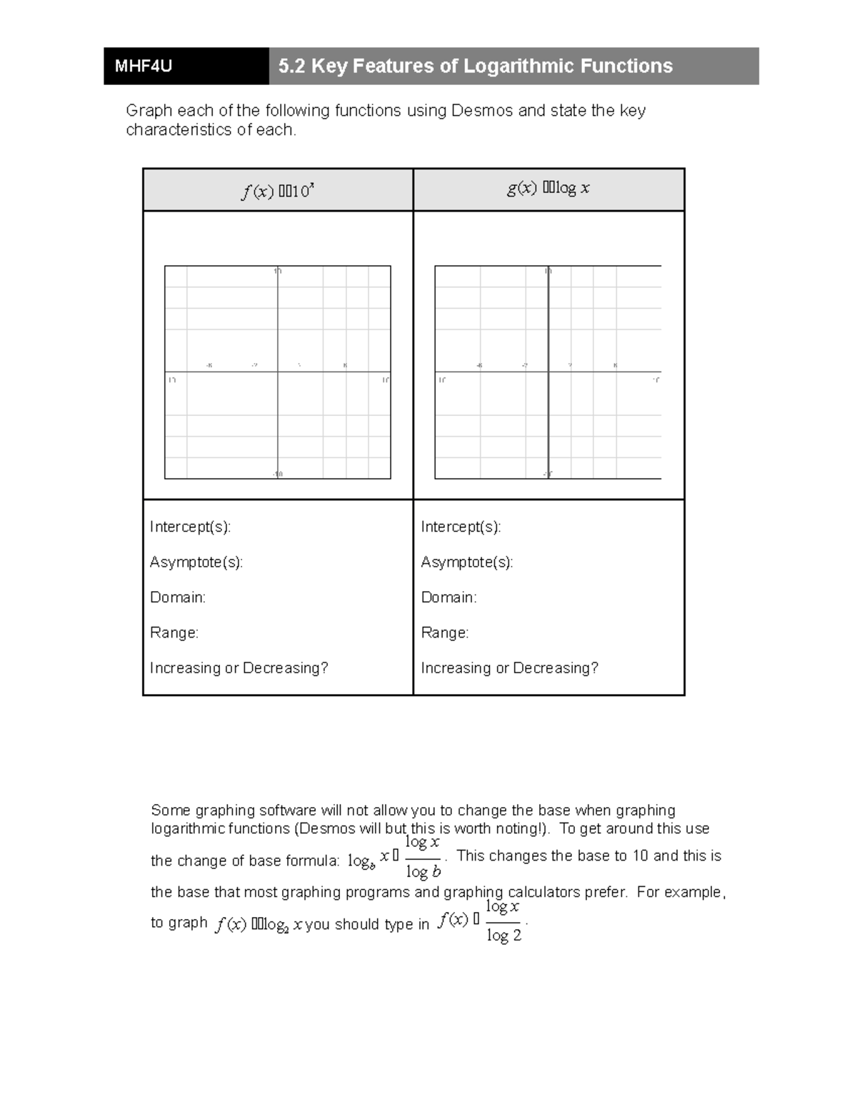 02 Investigation of Log Functions - Graph each of the following ...
