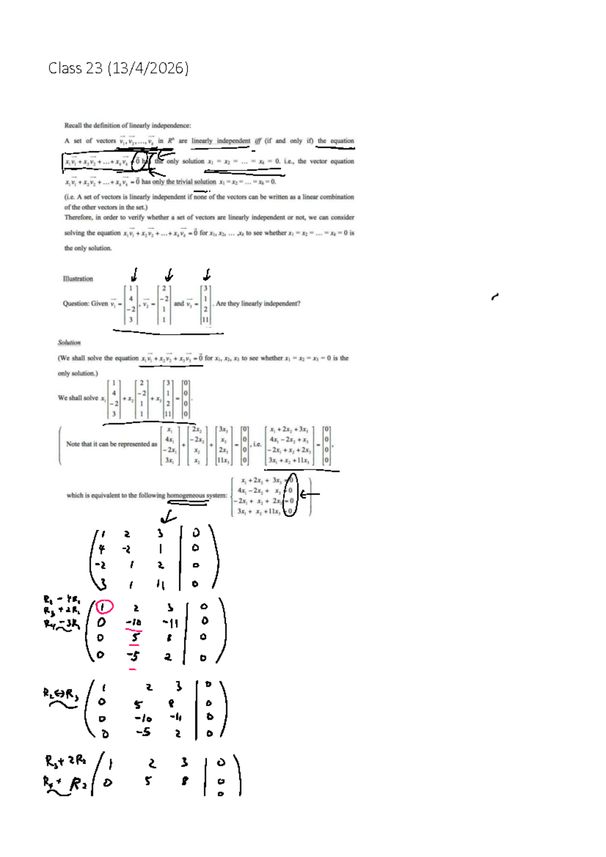 Class 23 (1342026) Lecture Notes on Linear Independence of Vectors ...