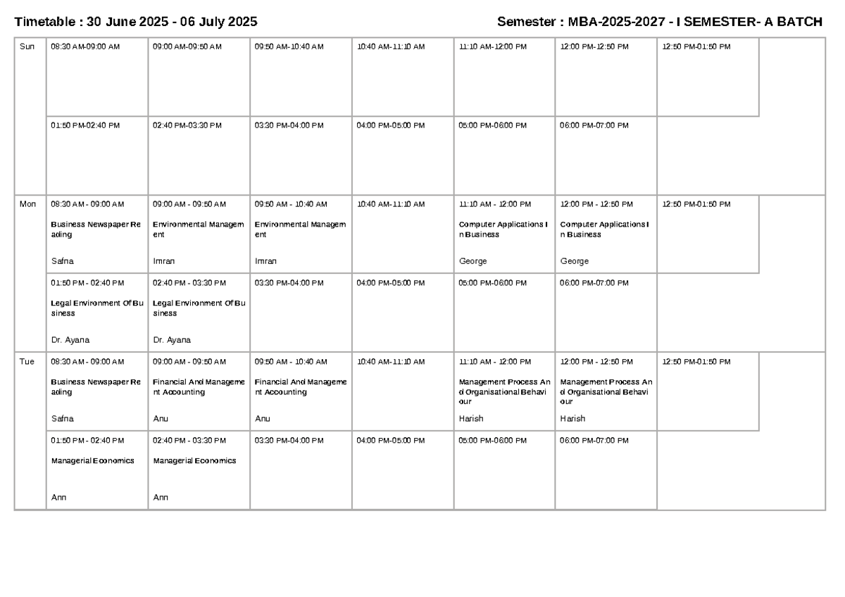 Timetable for Semester I A Batch: 30 June - 06 July 2025 - Studocu