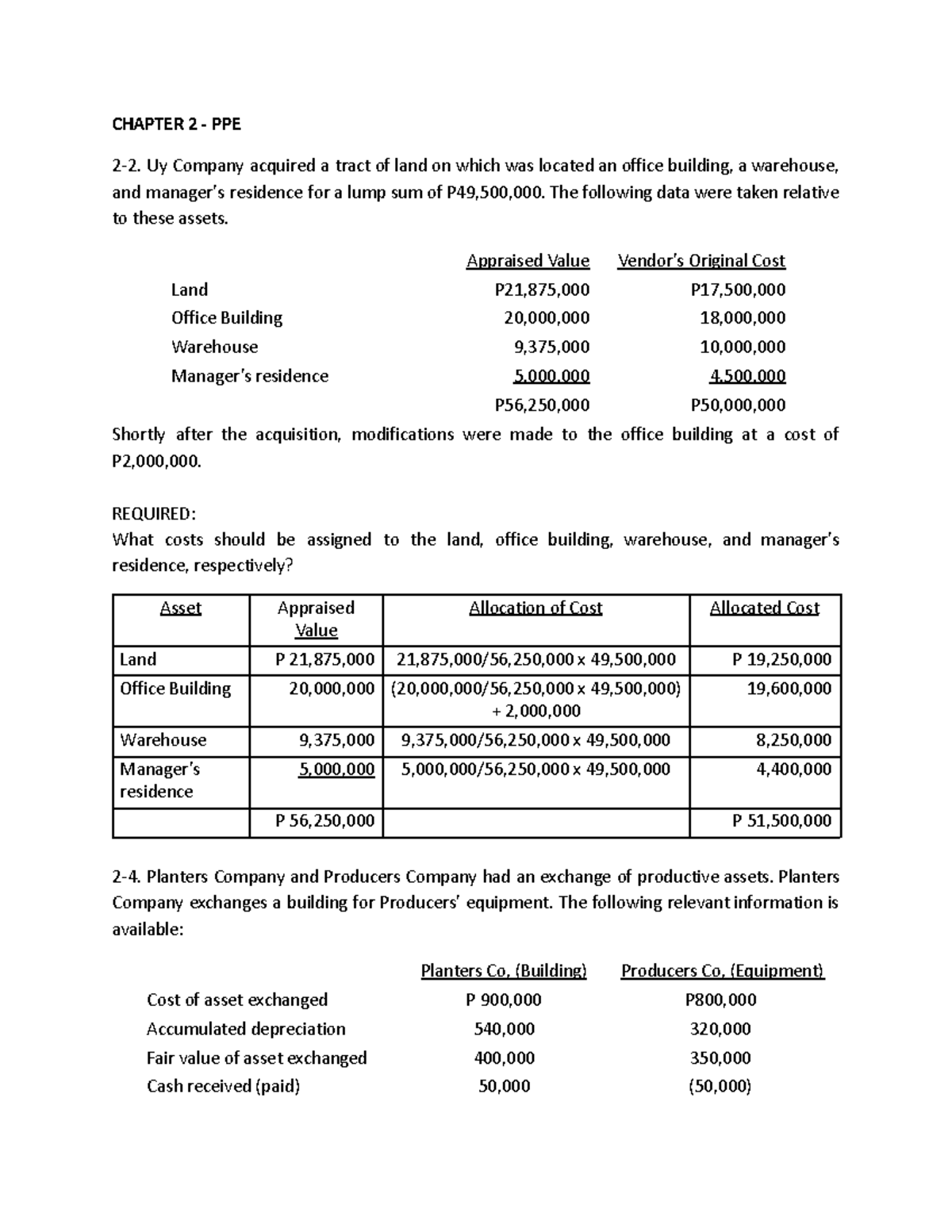 Int Acc 2 - Chapter 2: PPE Cost Allocation & Asset Exchange MC Problems ...