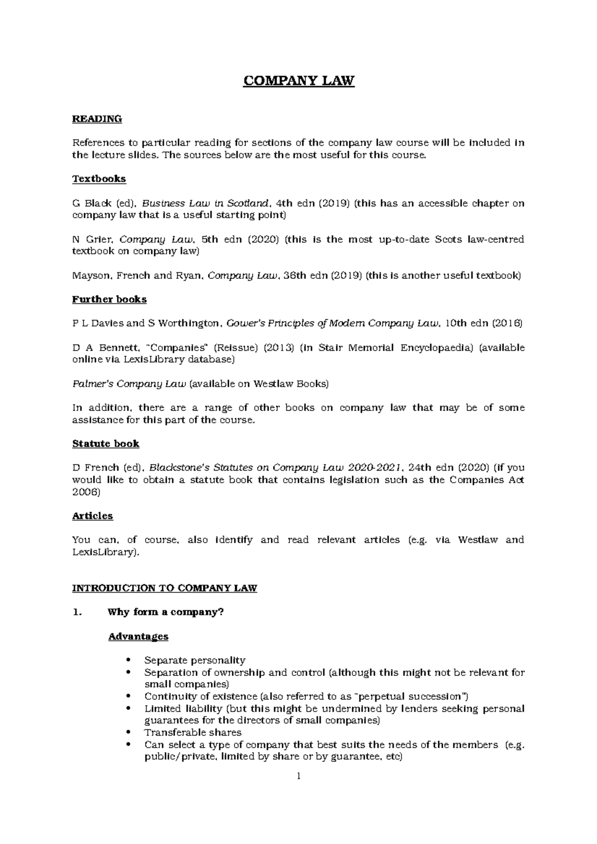 Company Law - Final Exam Handout and Key Concepts Overview - Studocu