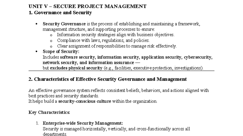 UNIT V ESSS - Secure Project Management and Governance Overview - Studocu