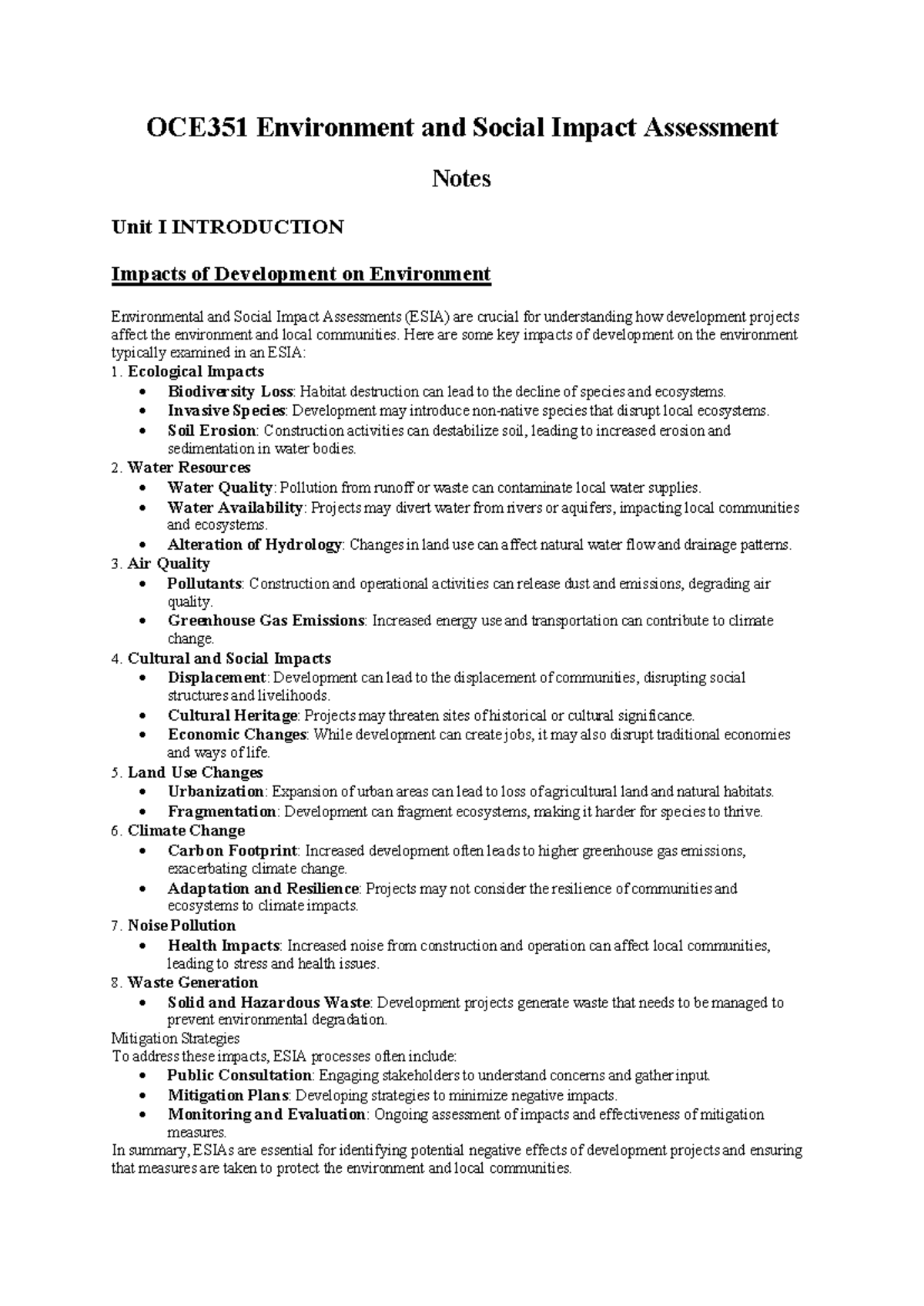 OCE351 Environmental and Social Impact Assessment Notes - Unit I - Studocu