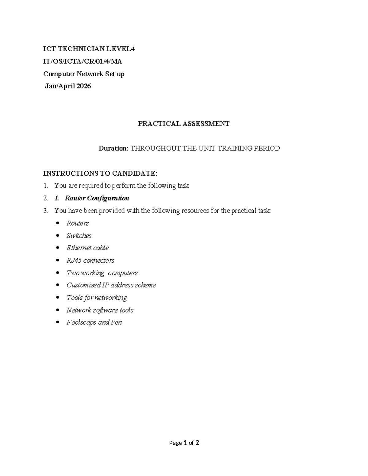 ICT TECHNICIAN LEVEL 4 Computer Network Setup Practical Assessment ...