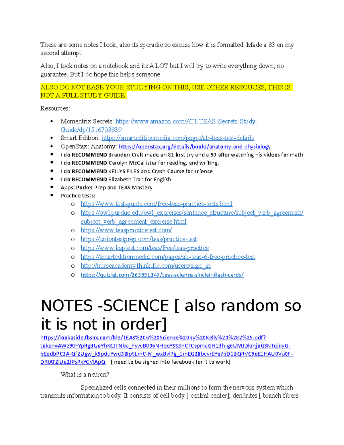 TEAS Notes Compilation for ATI TEAS Test Preparation - Studocu
