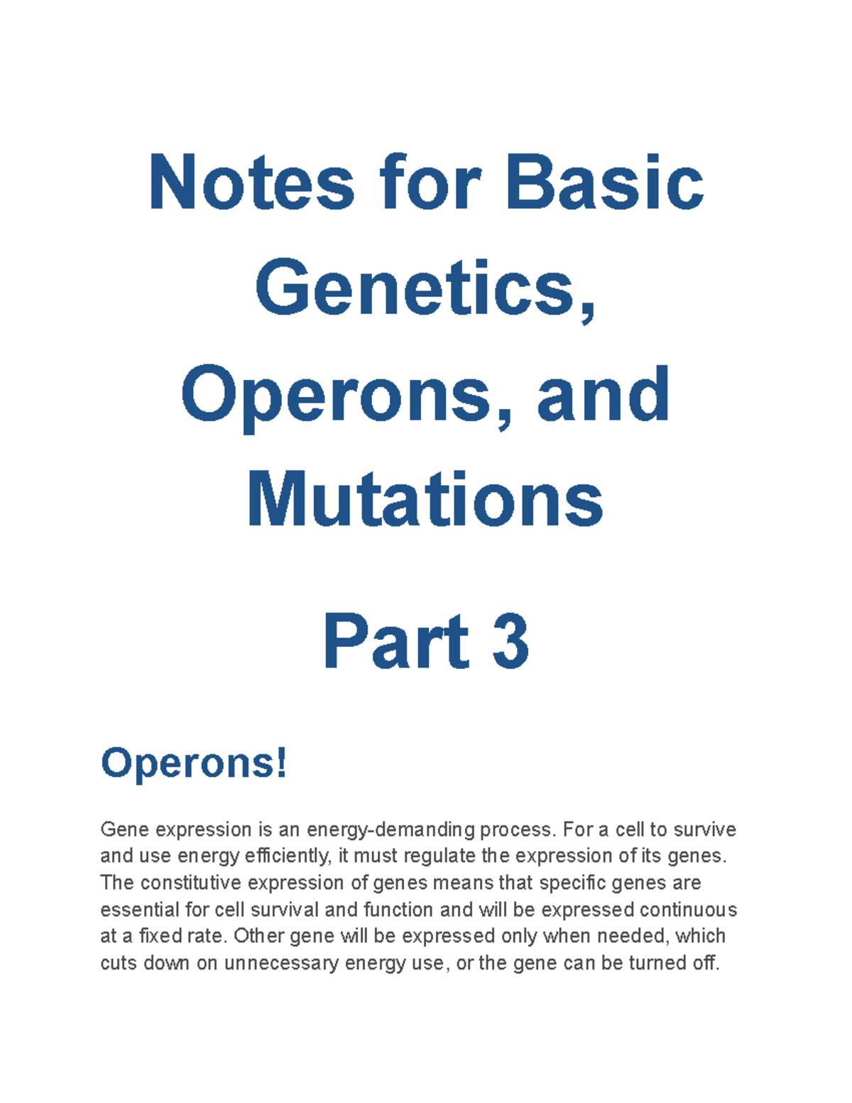 Genetics, Operons & Mutations Notes (Basic Part 3) - Studocu