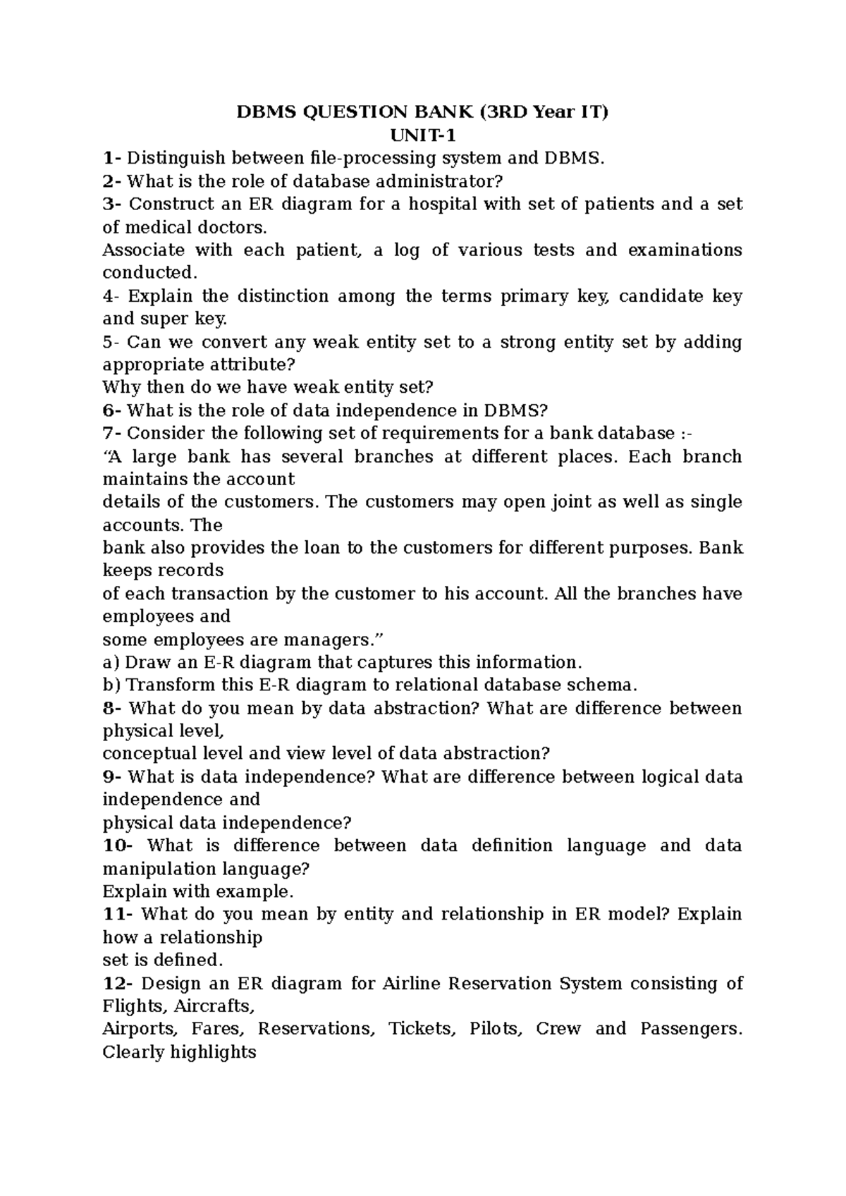 DBMS QUESTION BANK (3RD Year IT) - Unit 1 Overview and ER Diagrams ...