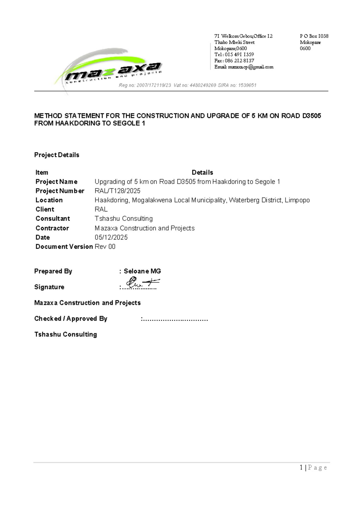 Method Statement for Upgrading Road D3505 - Rev 00 - Studocu