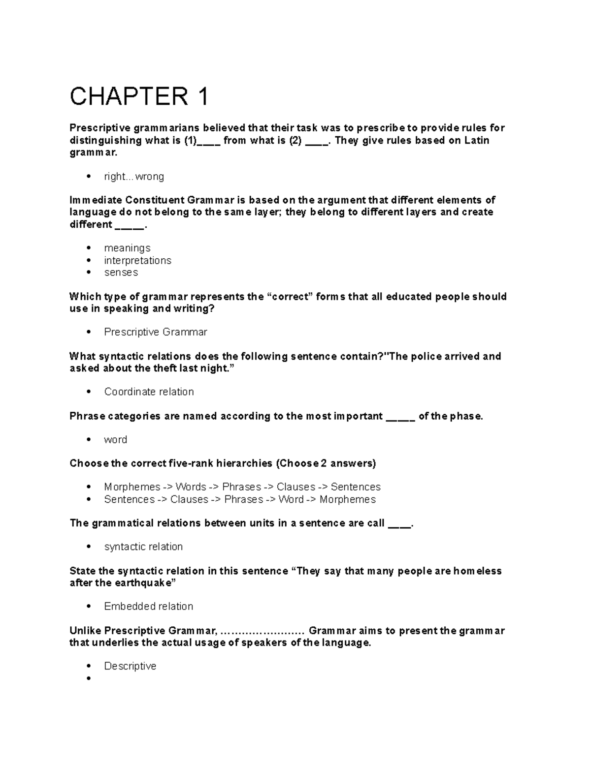 Syntax Test - Detailed Study Notes on Grammar and Morphology - Studocu