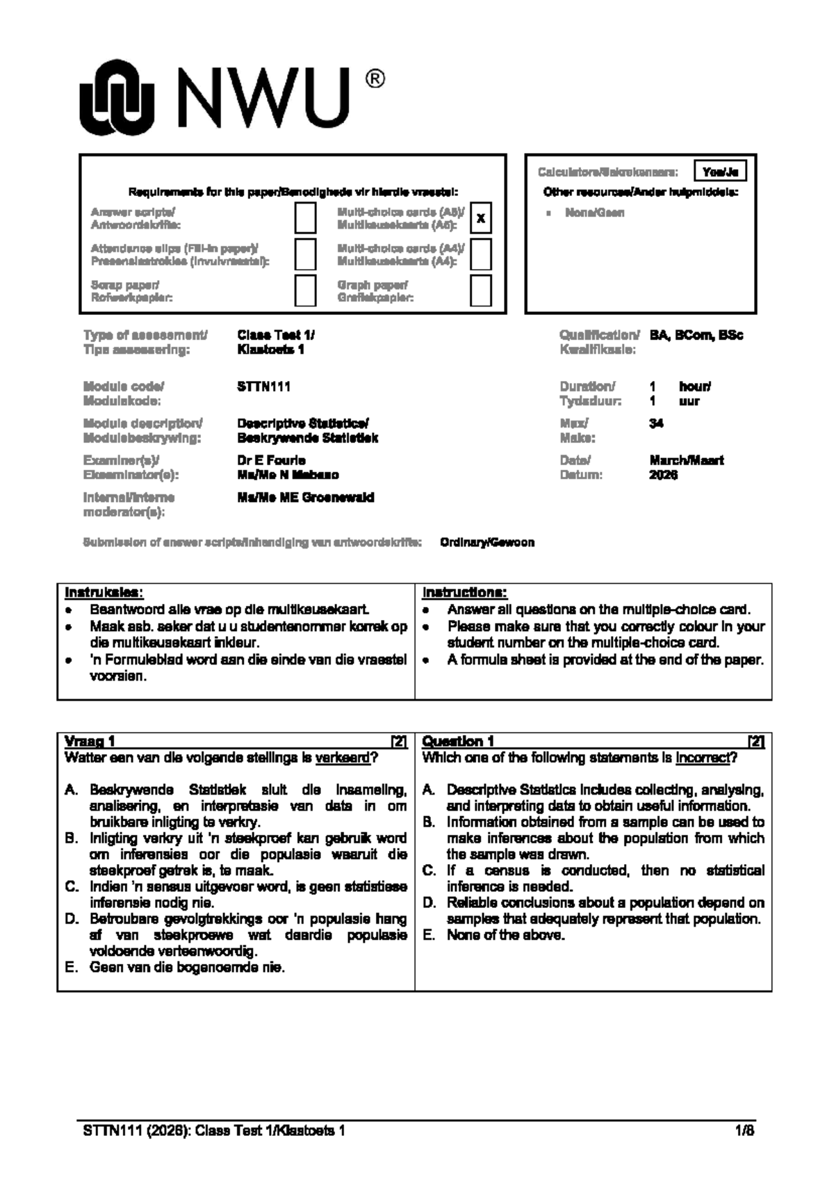 STTN111 (2026): Class Test 1 Study Guide on Descriptive Statistics ...
