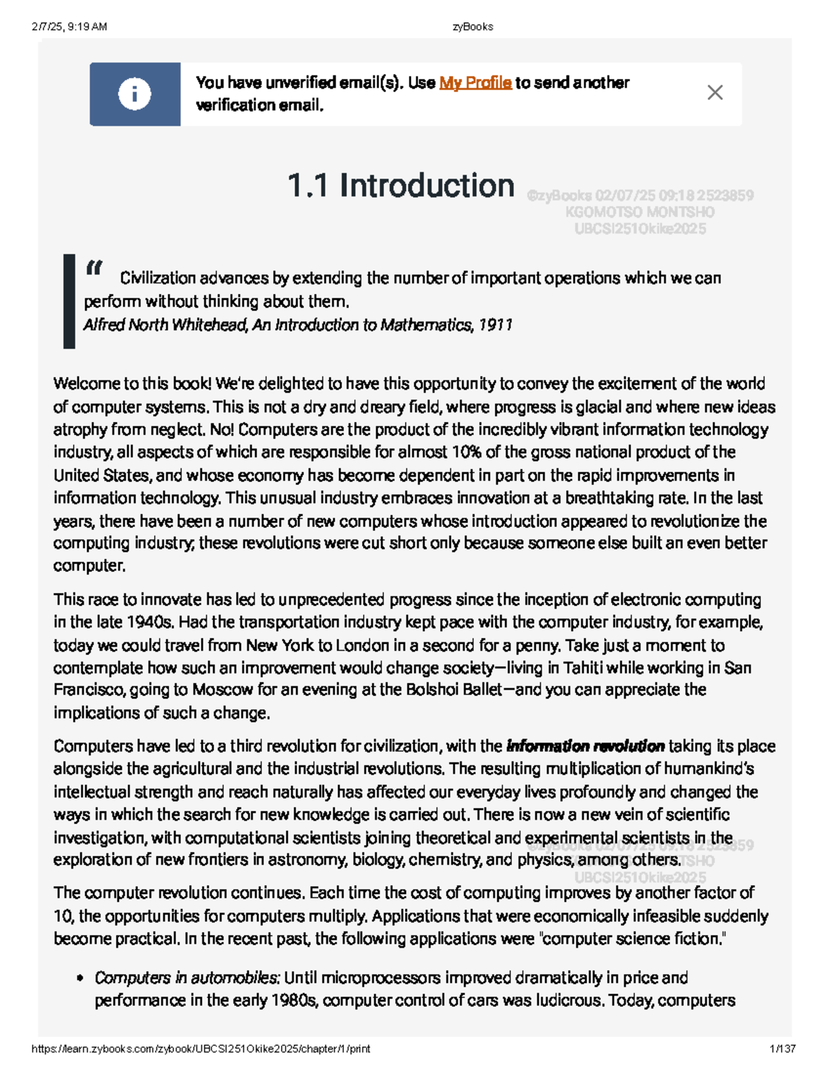 ZyBooks UBCSI251 Chapter 1 Reading Notes and Insights - Studocu