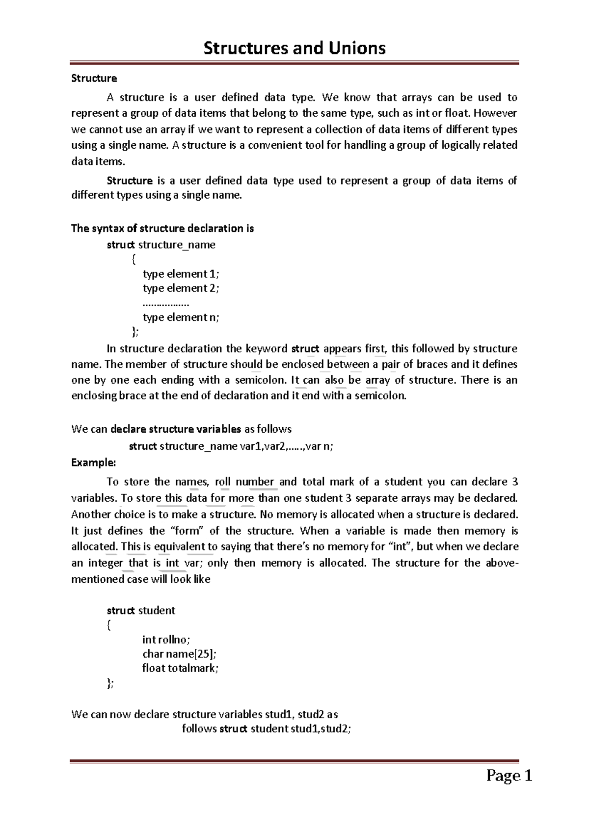 Structures and Unions: Comprehensive Notes for CS101 - Studocu