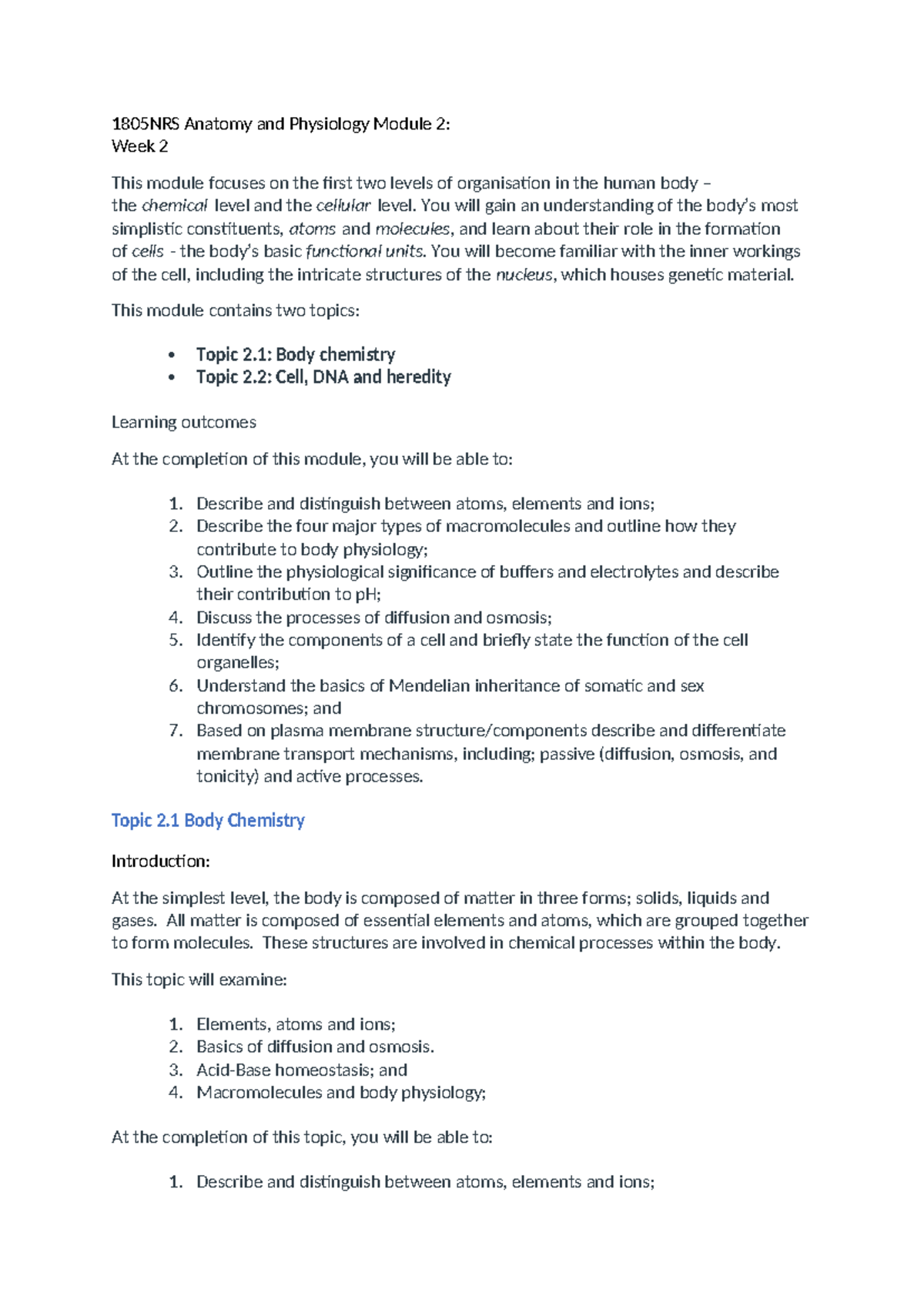 1805NRS Anatomy & Physiology Module 2: Week 2 Overview - Studocu