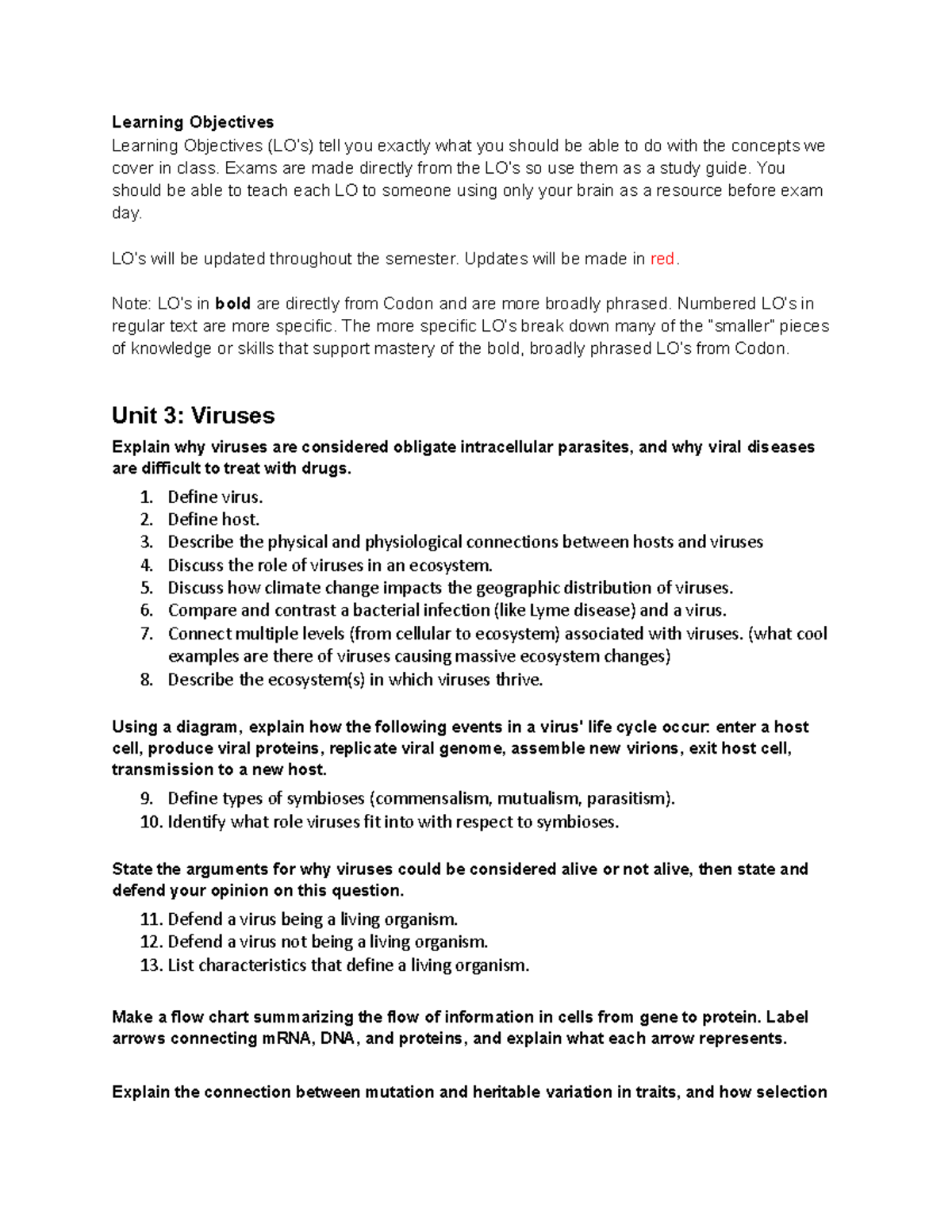 Learning Objectives: Unit 3 - Viruses and Evolution Concepts - Learning ...