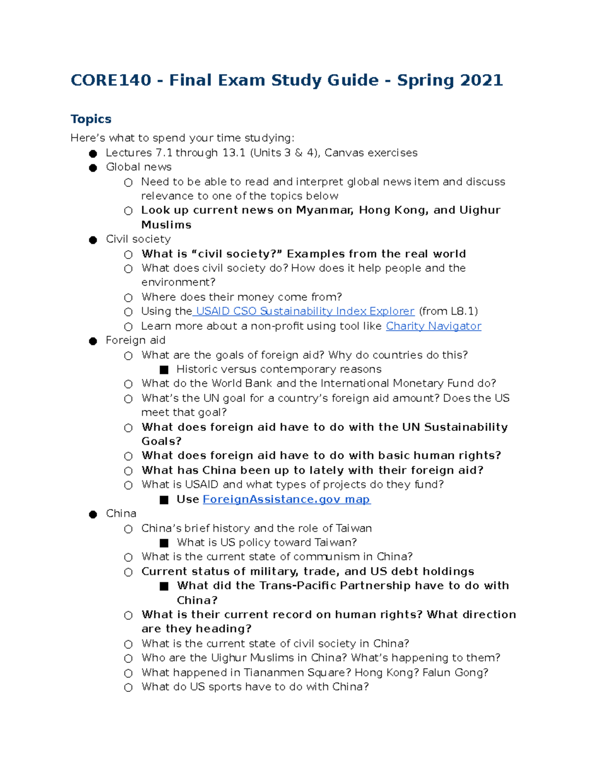 CORE140 - Comprehensive Final Exam Study Guide for Spring 2021 - Studocu