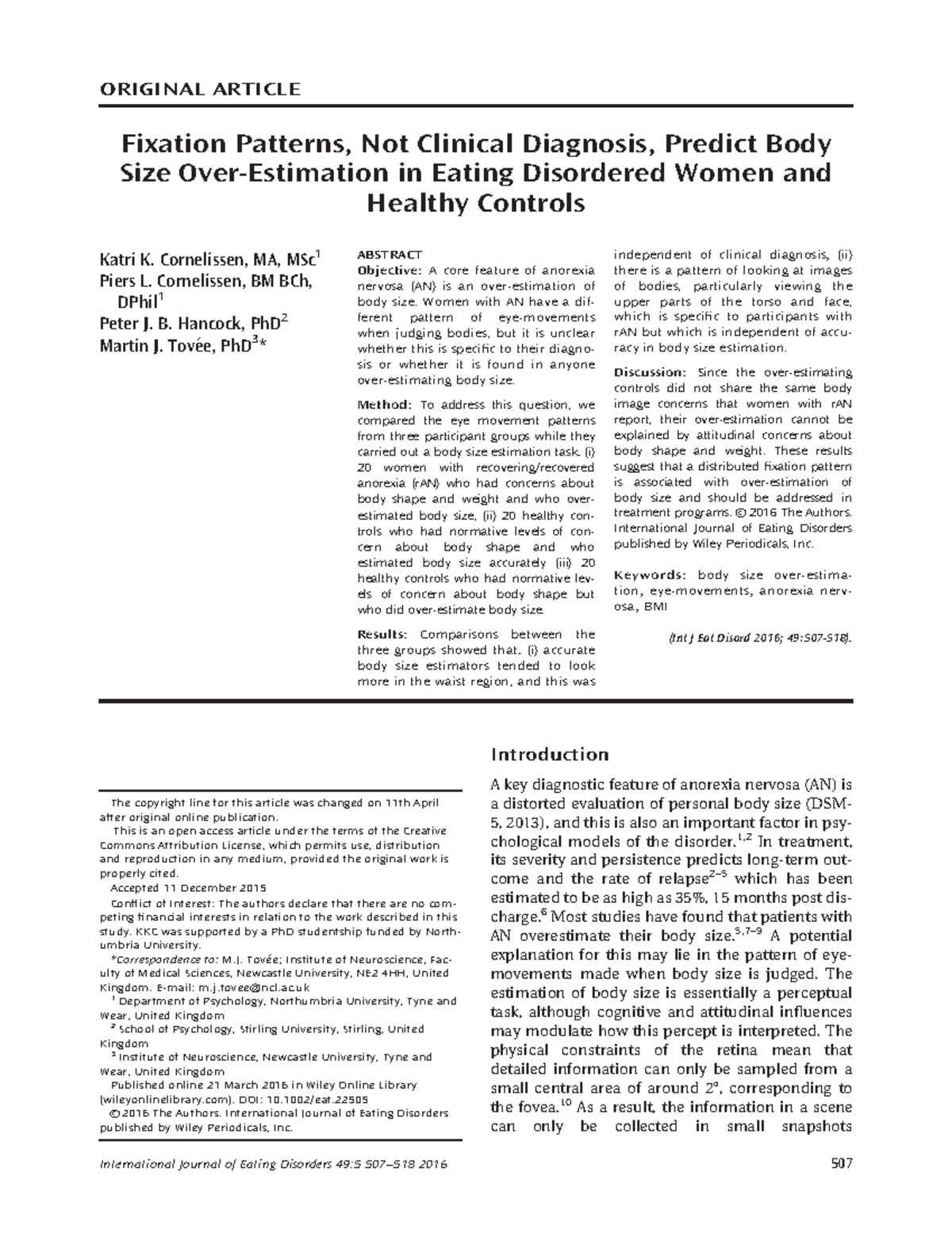 Fixation Patterns and Body Size Judgment in Anorexia Nervosa (AN ...