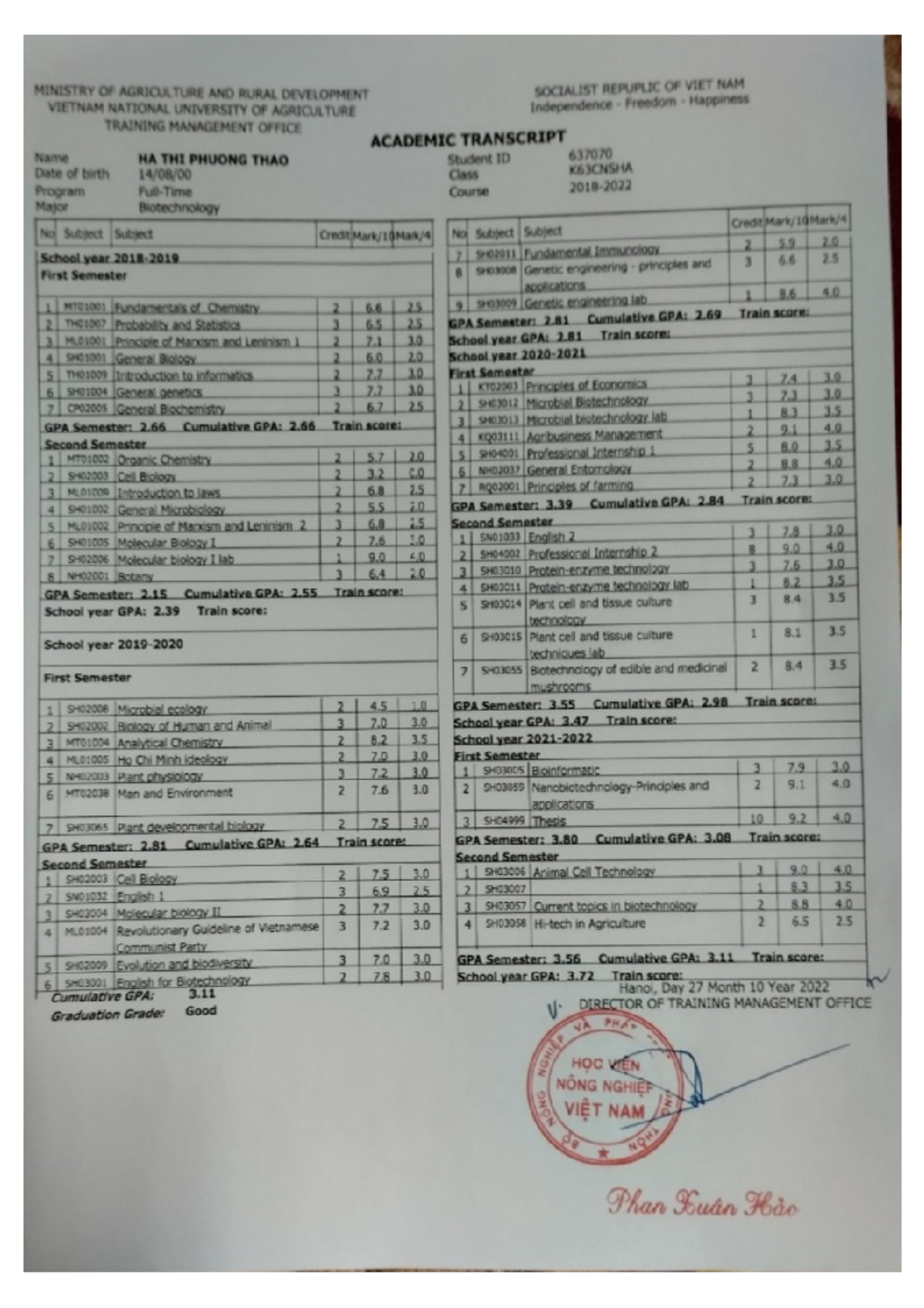 Academic Transcript - QTL9 - MINISTRY OF AGRICULTURE AND RURAL ...