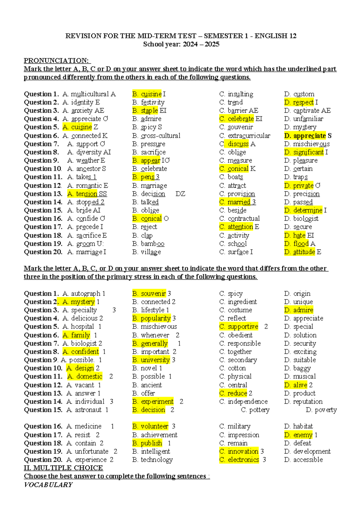REVISION FOR MID-TERM TEST – SEMESTER 1 - ENGLISH 12 - Studocu