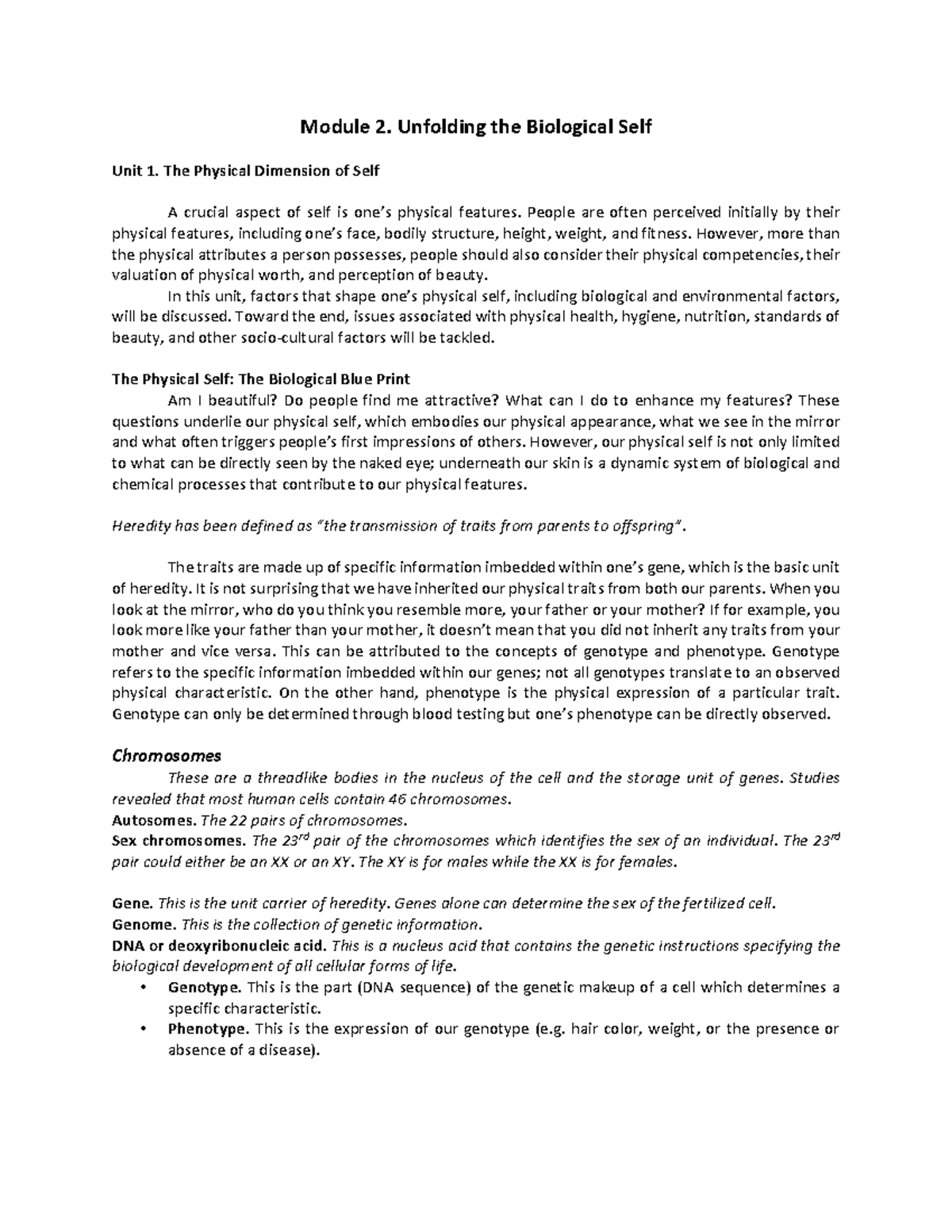 Module 2 - reviewer - Module 2. Unfolding the Biological Self Unit 1 ...