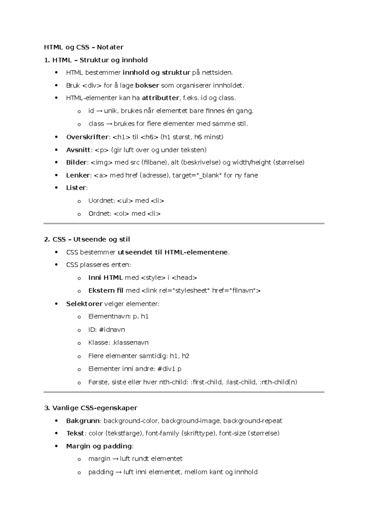 It1 Notater: HTML og CSS Struktur og Stil - Studocu