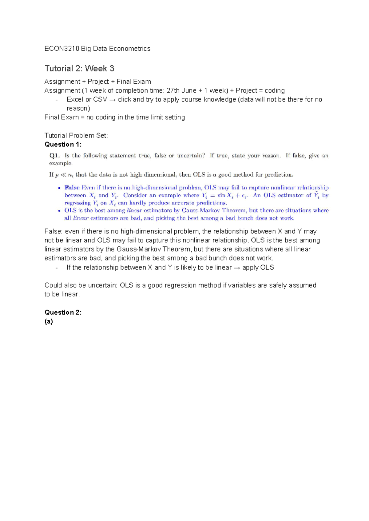 ECON3210 Big Data Econometrics Tutorial 2: Week 3 Final Exam Notes ...