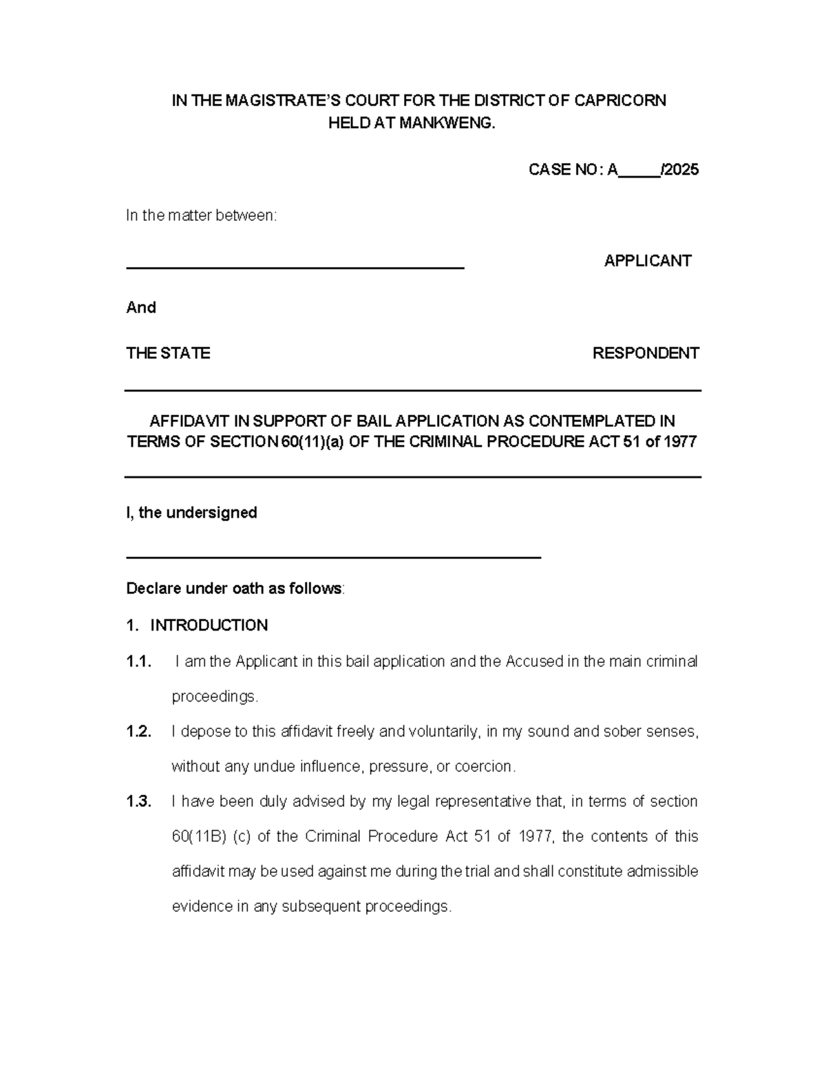SCH 6 Bail Application Affidavit for District Court in Mankweng - Studocu