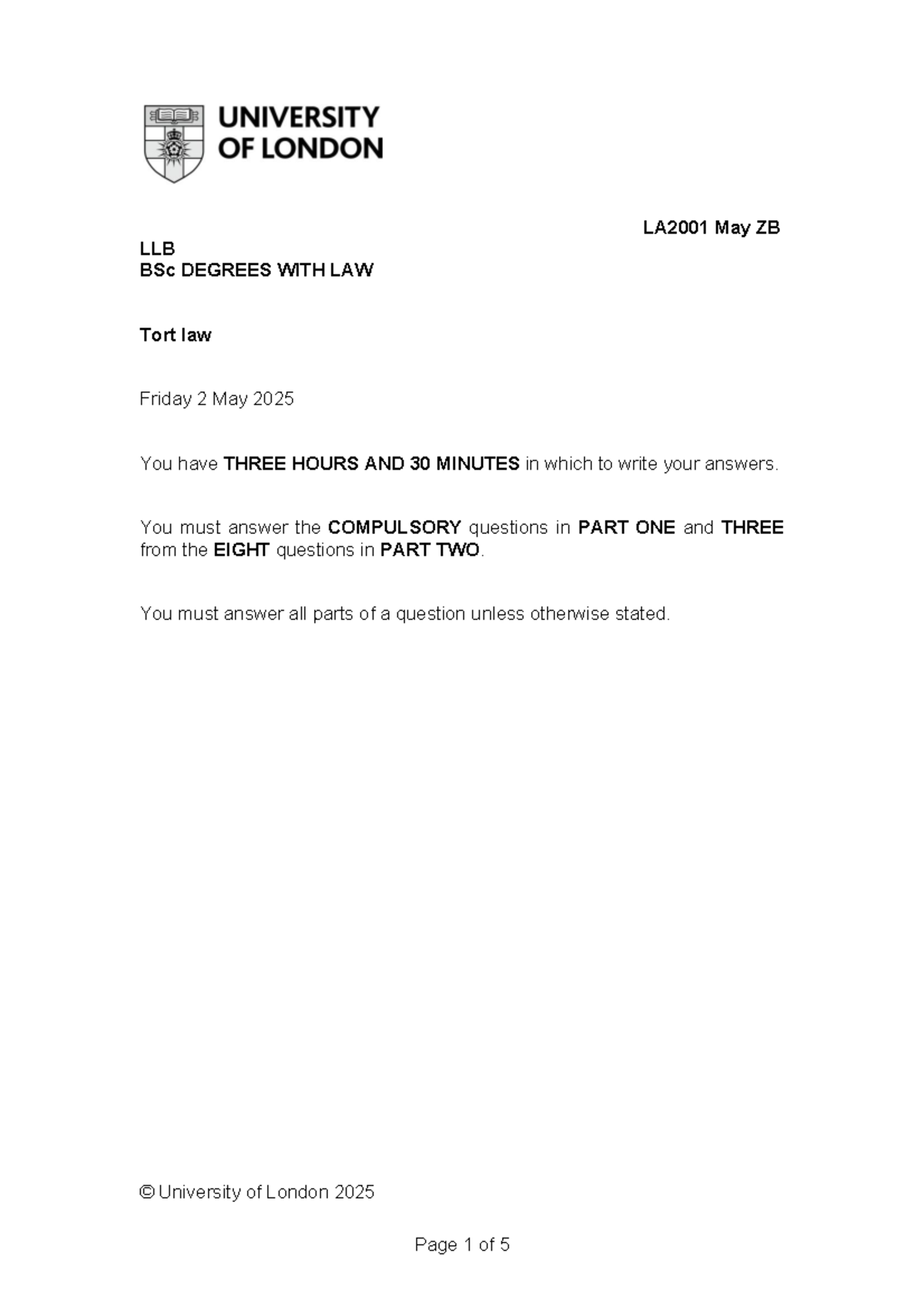 LA2001 Tort Law Final Exam 2025: Past Paper Questions and Guidance ...
