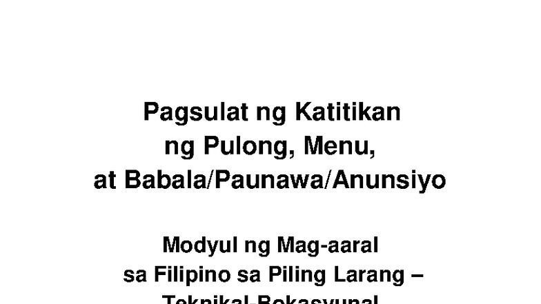 FPL-Tek Bok Q2 W6: Pagsulat ng Katitikan at Menu sa Filipino - Studocu