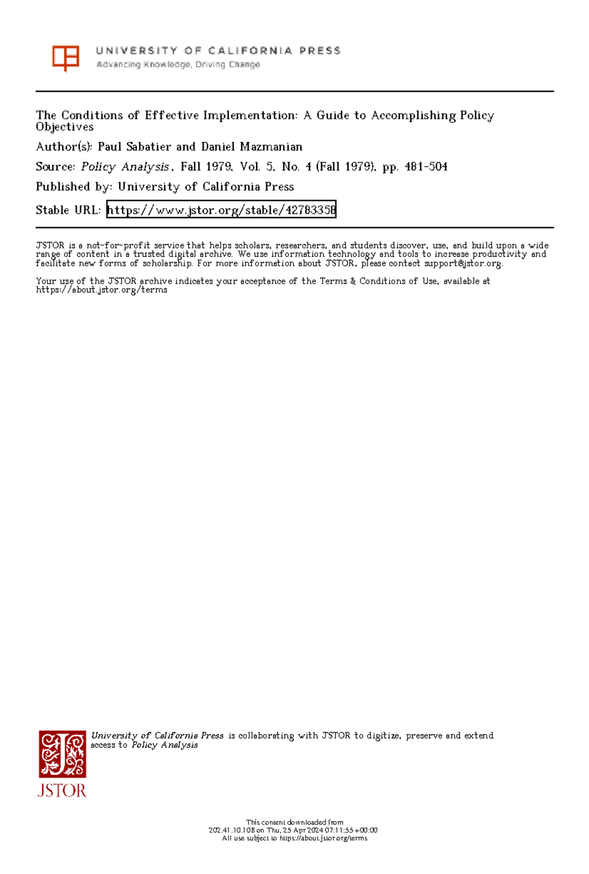 Effective Policy Implementation Guide by Sabatier & Mazmanian (1979 ...