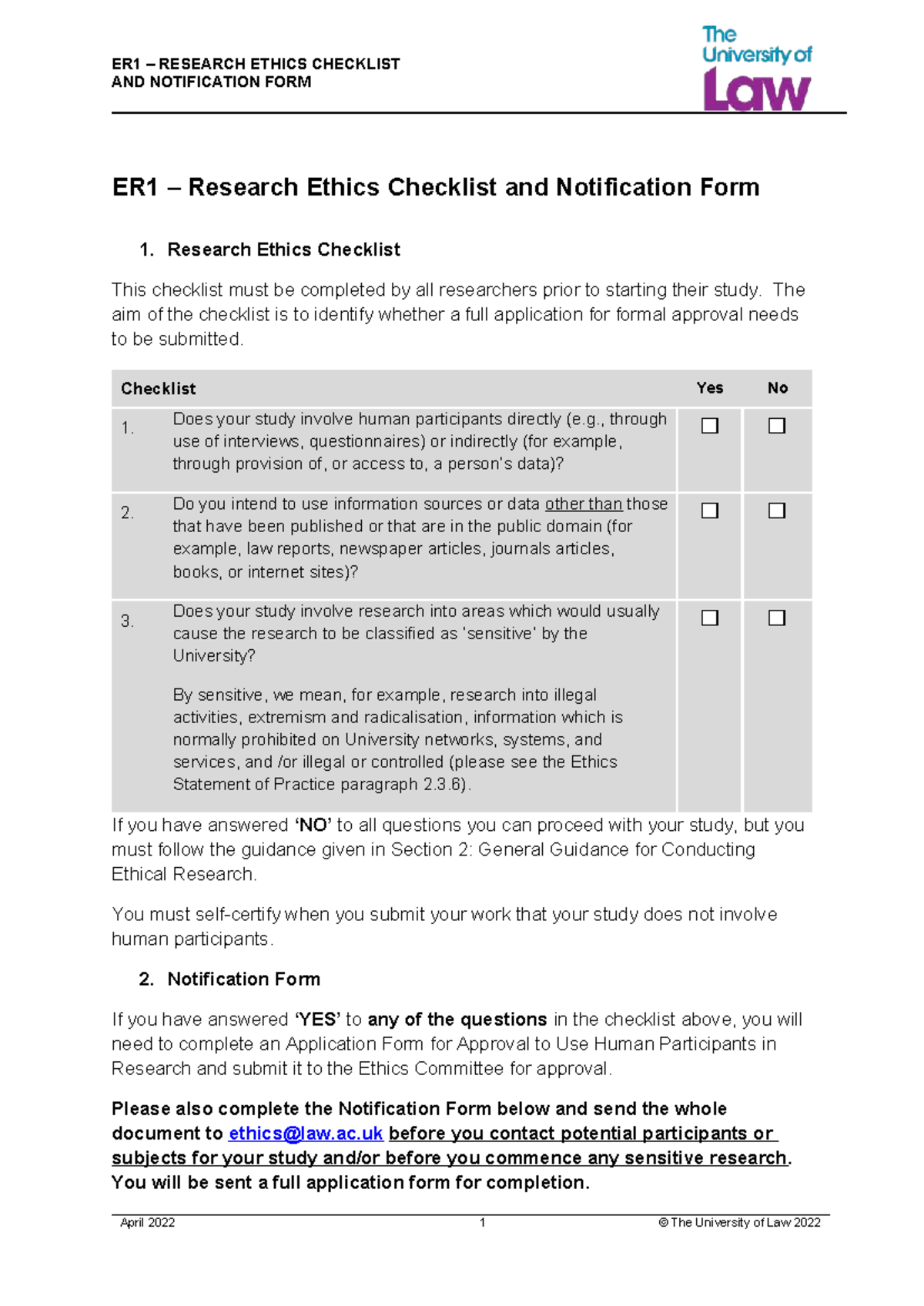 ER1 Research Ethics Checklist & Notification Form Guide - Studocu