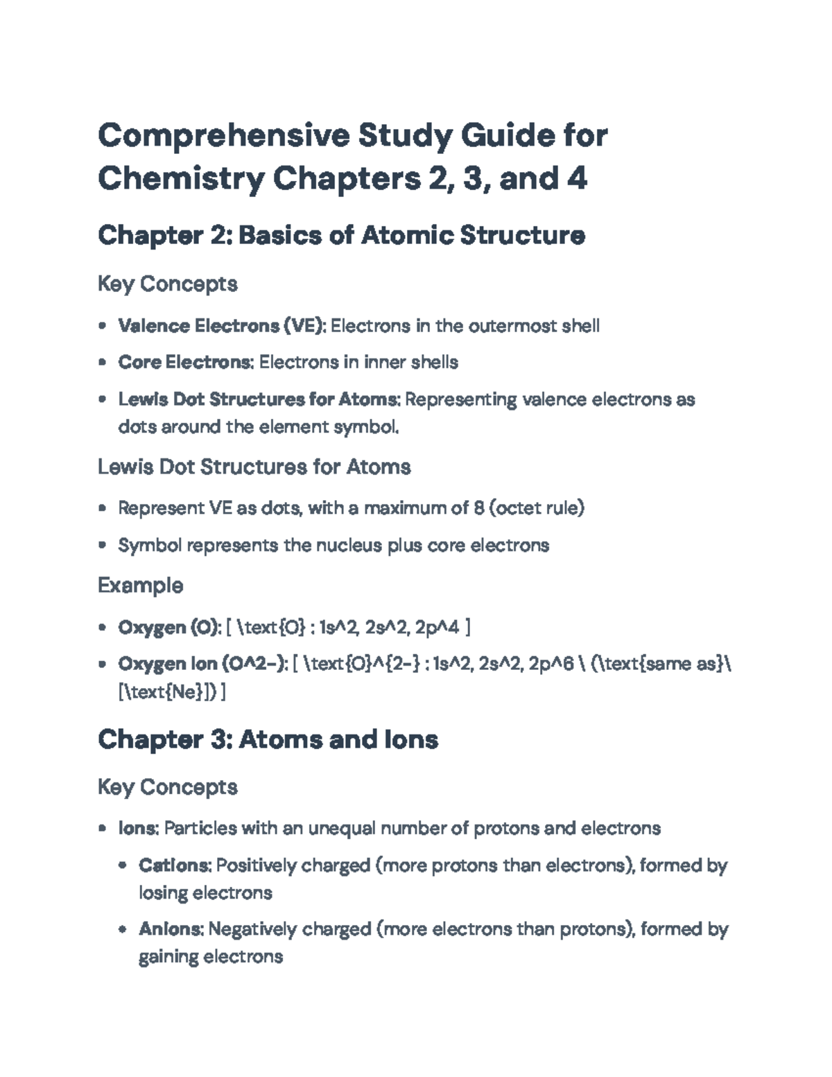 Comprehensive Study Guide for Chemistry: Chapters 2, 3, & 4 - Lewis Dot ...