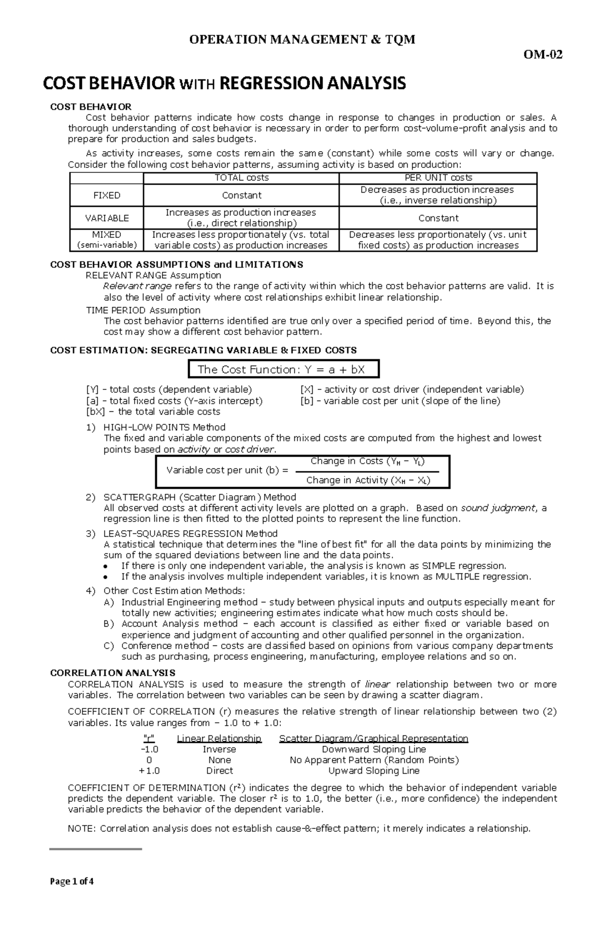 Operations Management TQM: Cost Behavior & Regression Analysis - Studocu