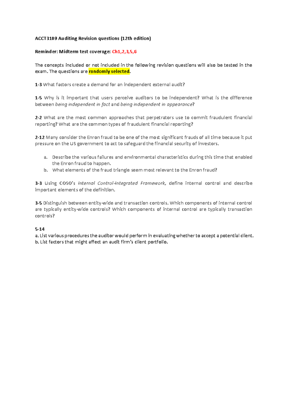 ACCT3109 Auditing Midterm Revision Questions (Ch1,2,3,5,6) 12e - Studocu