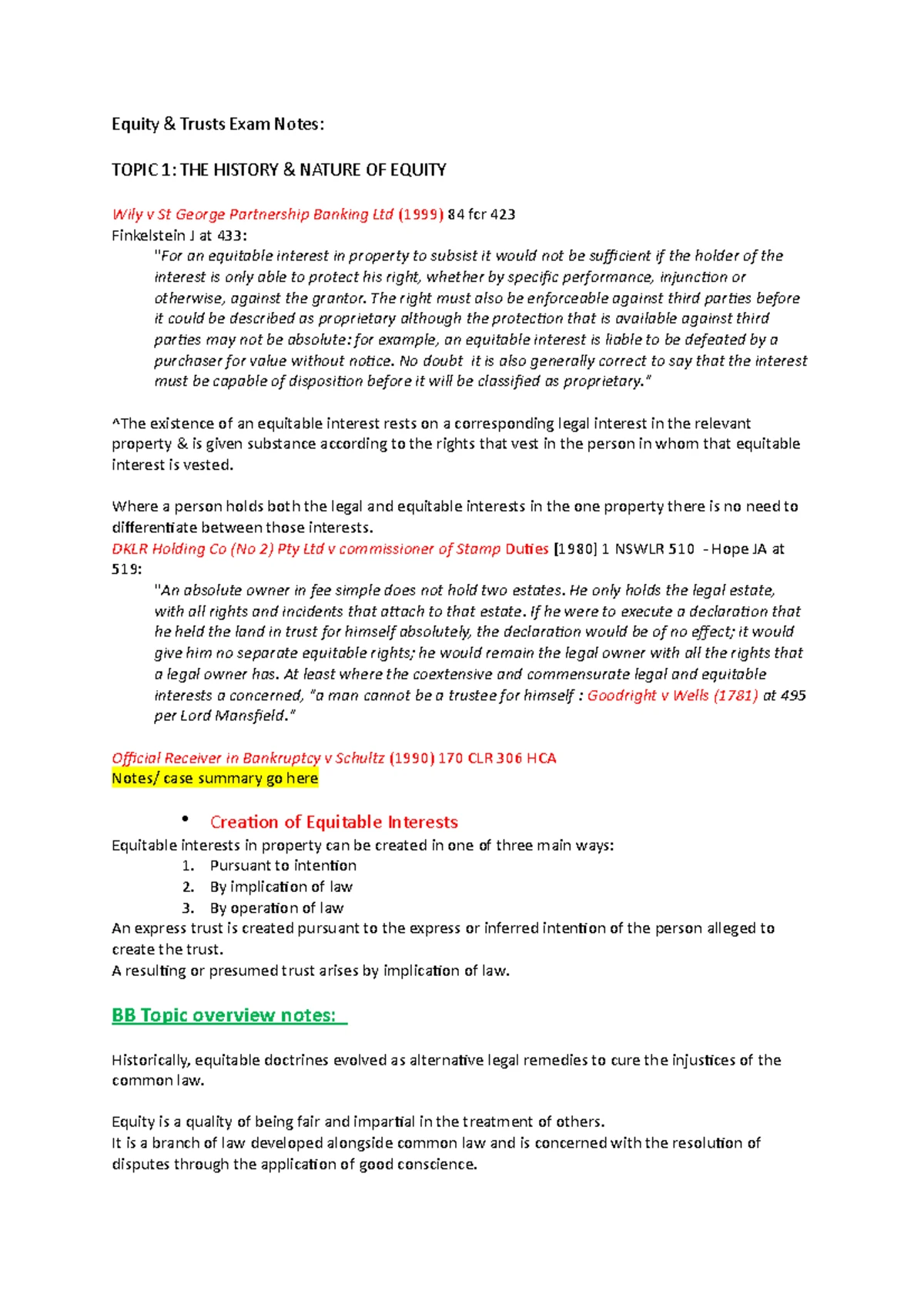 HD Detailed Notes on Equity & Trusts for LAWS217: Weeks 1-10 - Studocu